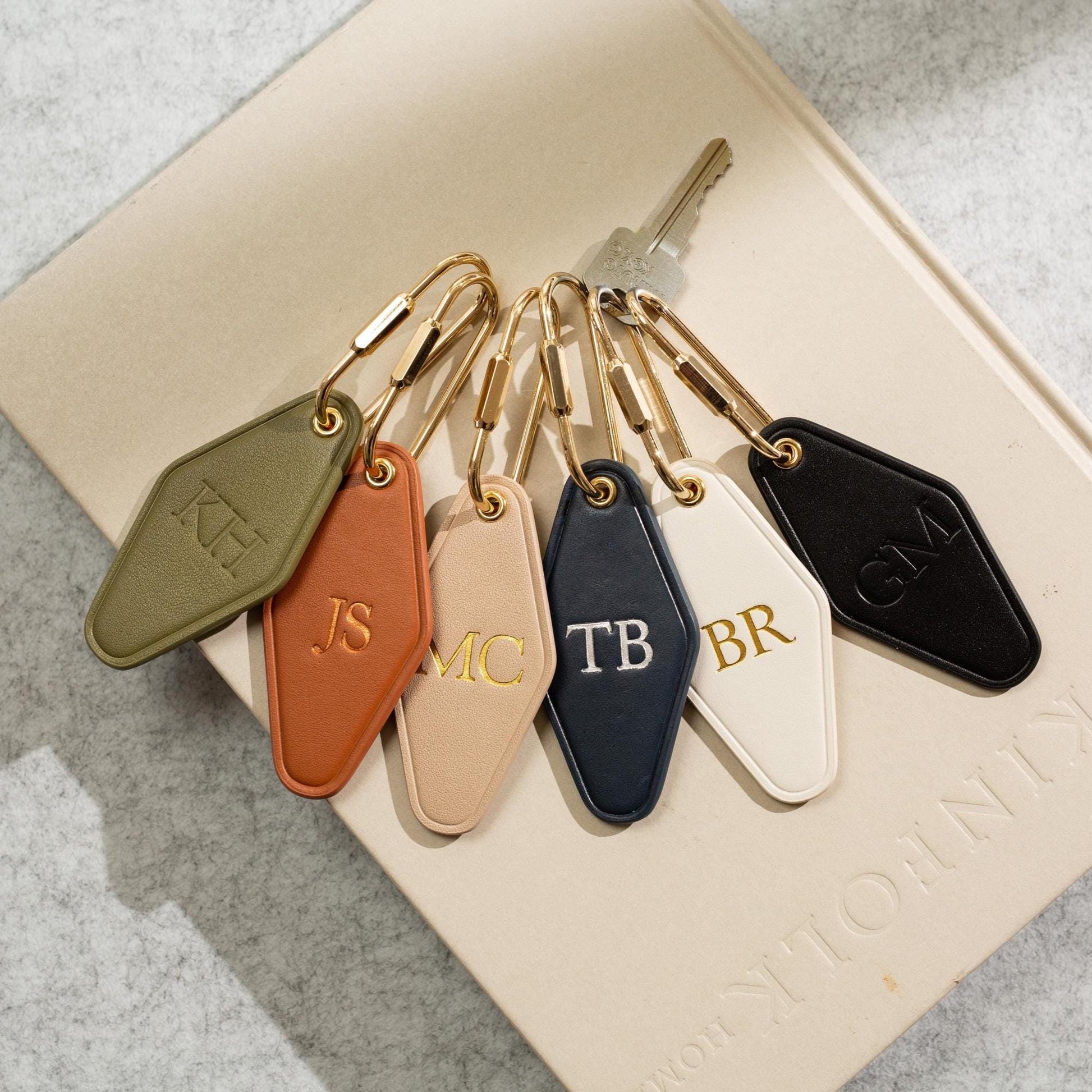 Embossed diamond leather keychain (initials) - modern luxury key chain fob, travel luggage bag tag, gift for mom, gift for wife, unique gift