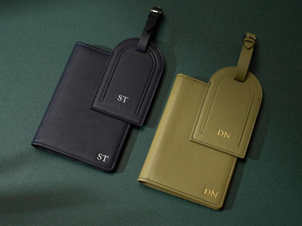 Embossed Leather Passport Holder & Luggage Tag Set (Small Kennerly) - Custom monogram gift personalized wedding couples honeymoon engagement