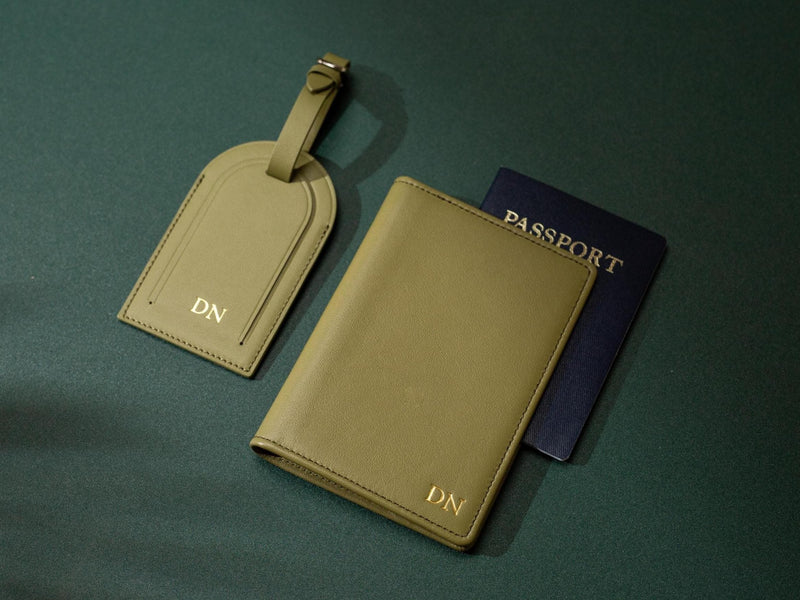 Embossed Leather Passport Holder & Luggage Tag Set (Small Kennerly) - Custom monogram gift personalized wedding couples honeymoon engagement
