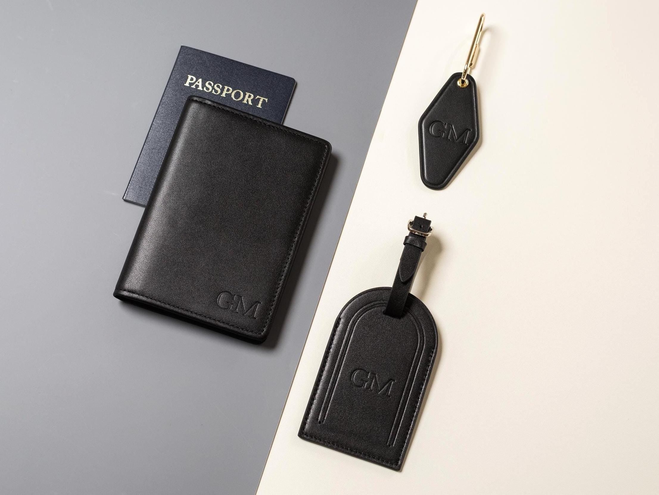 Embossed Monogram Leather Passport Holder, Luggage tag, Diamond Keychain (3 pcs Gift Set) - Gift for husband, bride groom, anniversary