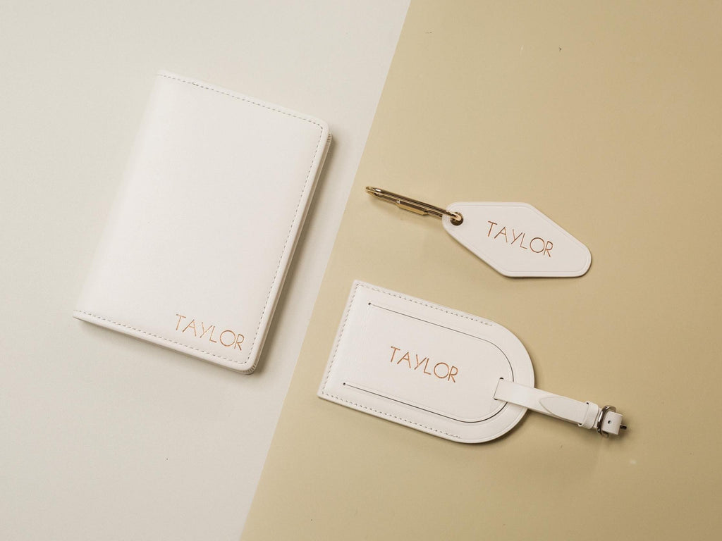 Embossed Name Leather Passport Holder, Luggage tag, Diamond Keychain (3 pcs Set) - Gift for wife, bride, groom honeymoon, 3rd anniversary