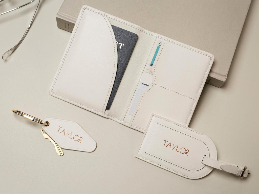 Embossed Name Leather Passport Holder, Luggage tag, Diamond Keychain (3 pcs Set) - Gift for wife, bride, groom honeymoon, 3rd anniversary