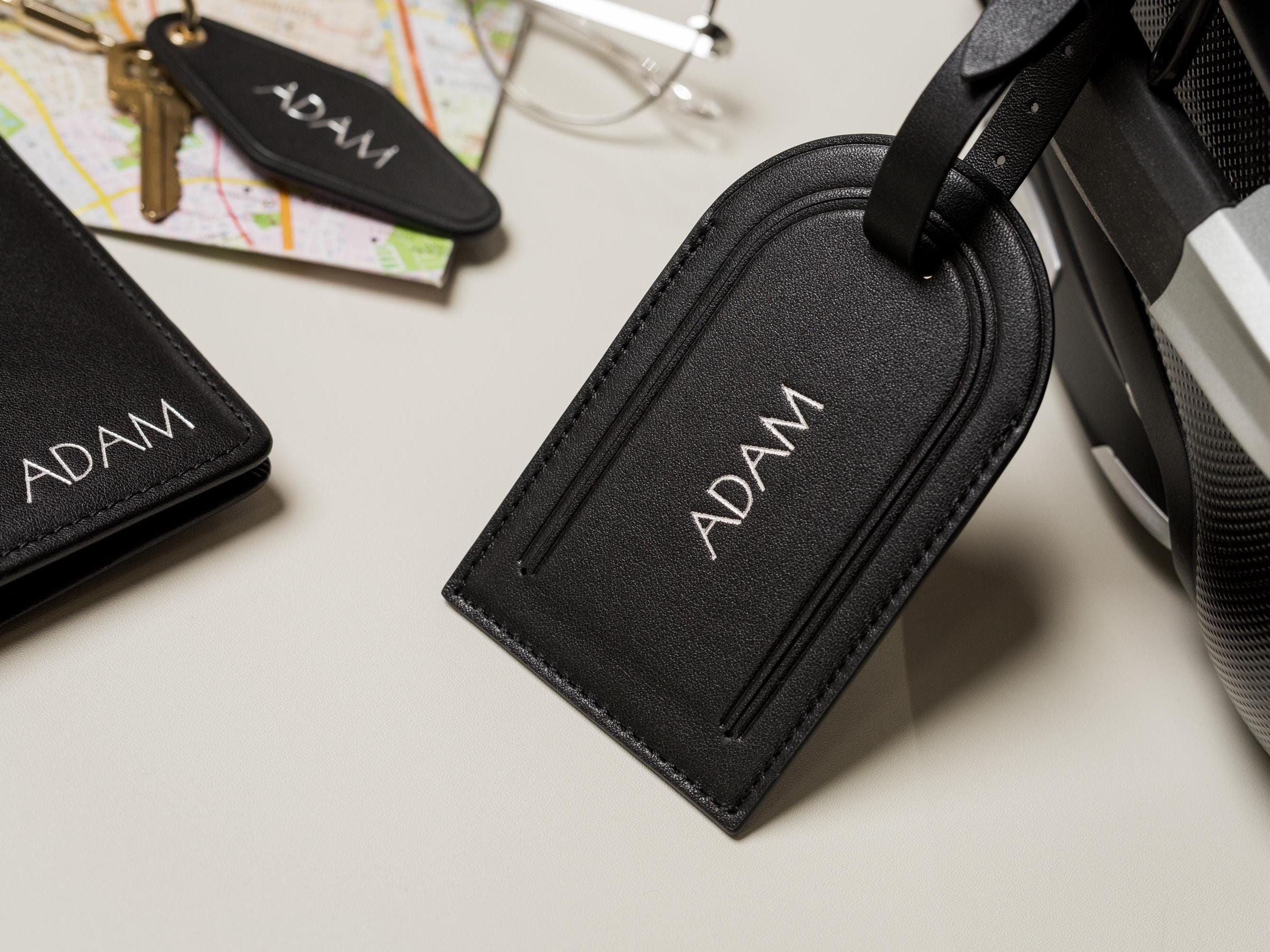 Embossed Name Leather Passport Holder, Luggage tag, Diamond Keychain (3 pcs Set) - Gift for wife, bride, groom honeymoon, 3rd anniversary