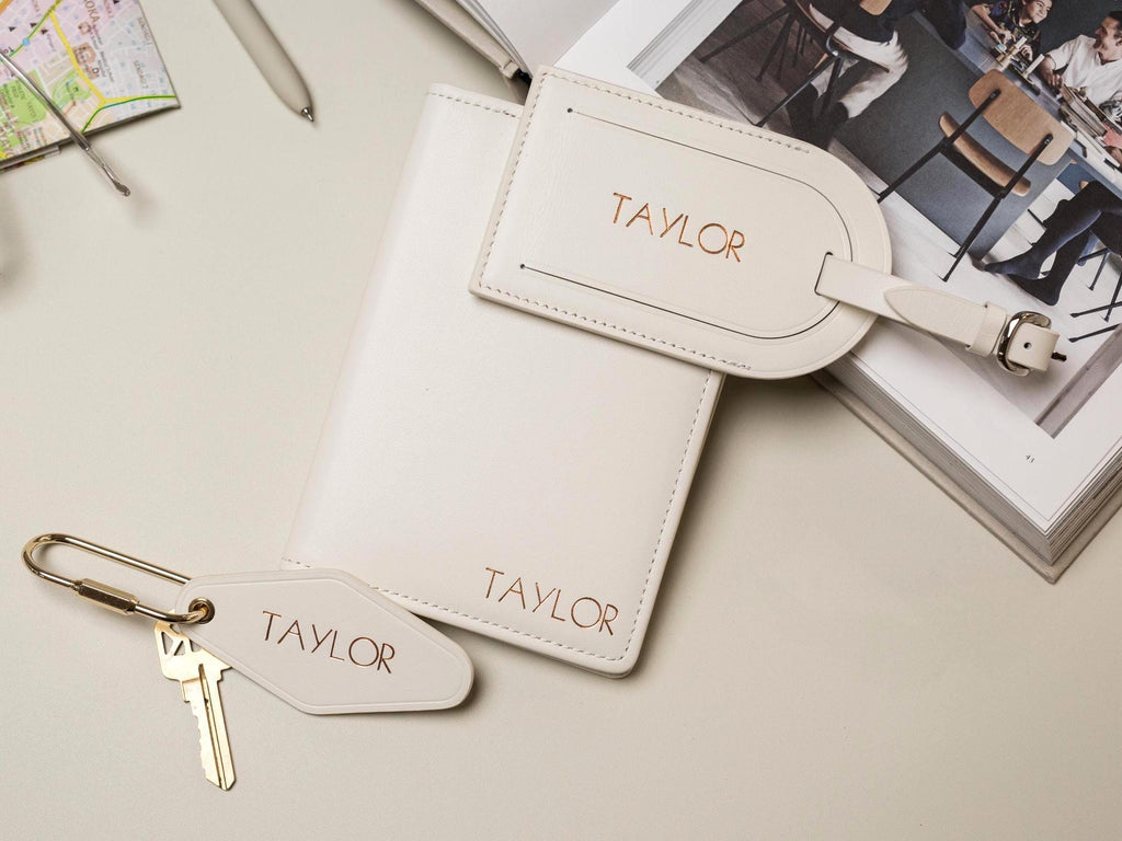 Embossed Name Leather Passport Holder, Luggage tag, Diamond Keychain (3 pcs Set) - Gift for wife, bride, groom honeymoon, 3rd anniversary