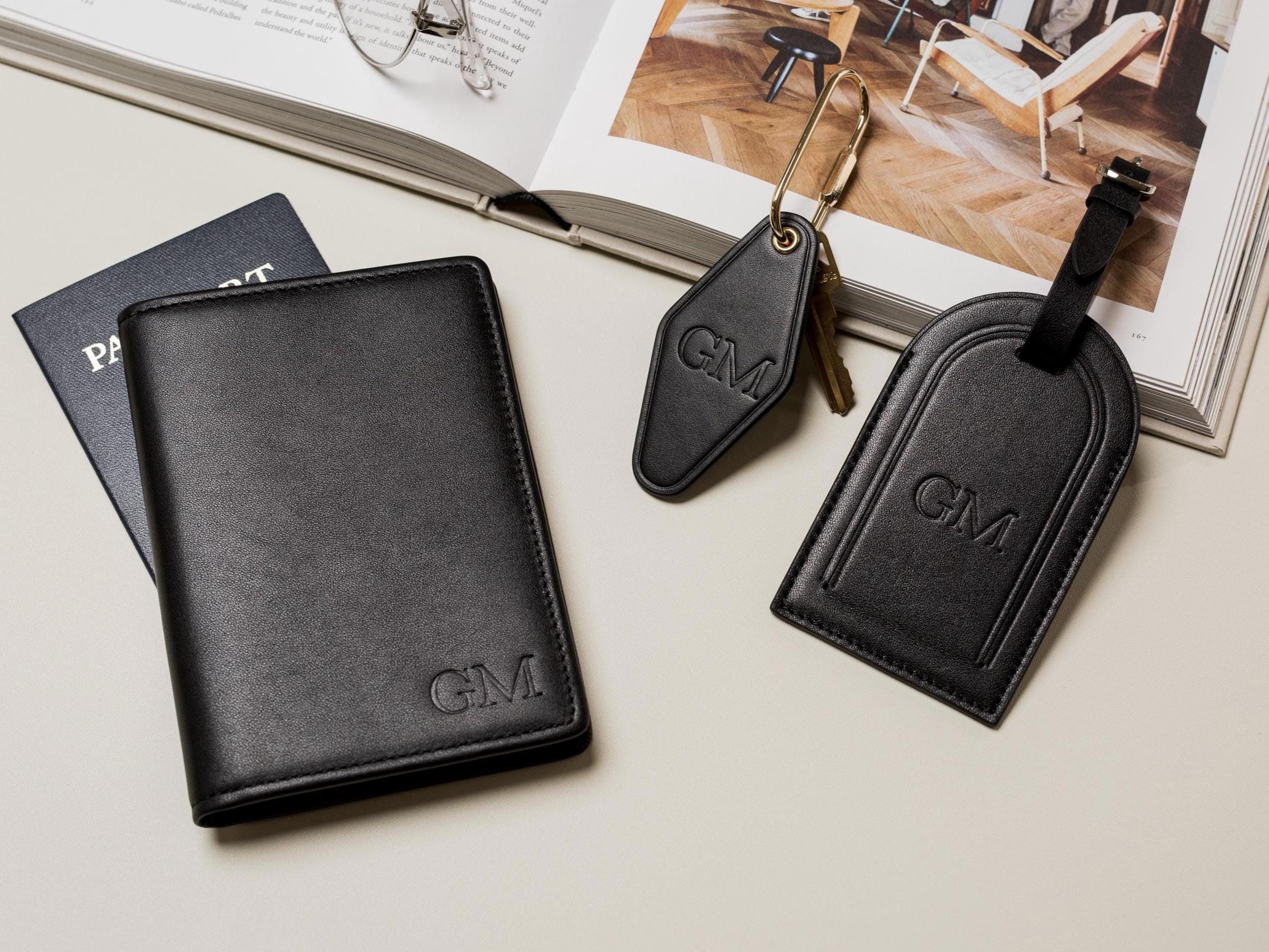 Embossed Monogram Leather Passport Holder, Luggage tag, Diamond Keychain (3 pcs Gift Set) - Gift for husband, bride groom, anniversary