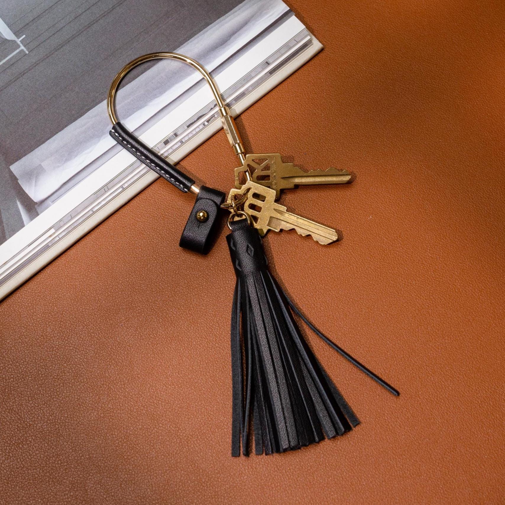 Gold Brass Leather Carabiner Keychain w/ Optional Tassel - Teardrop Pear, leather key ring, key fob for woman, unique minimalistic gift