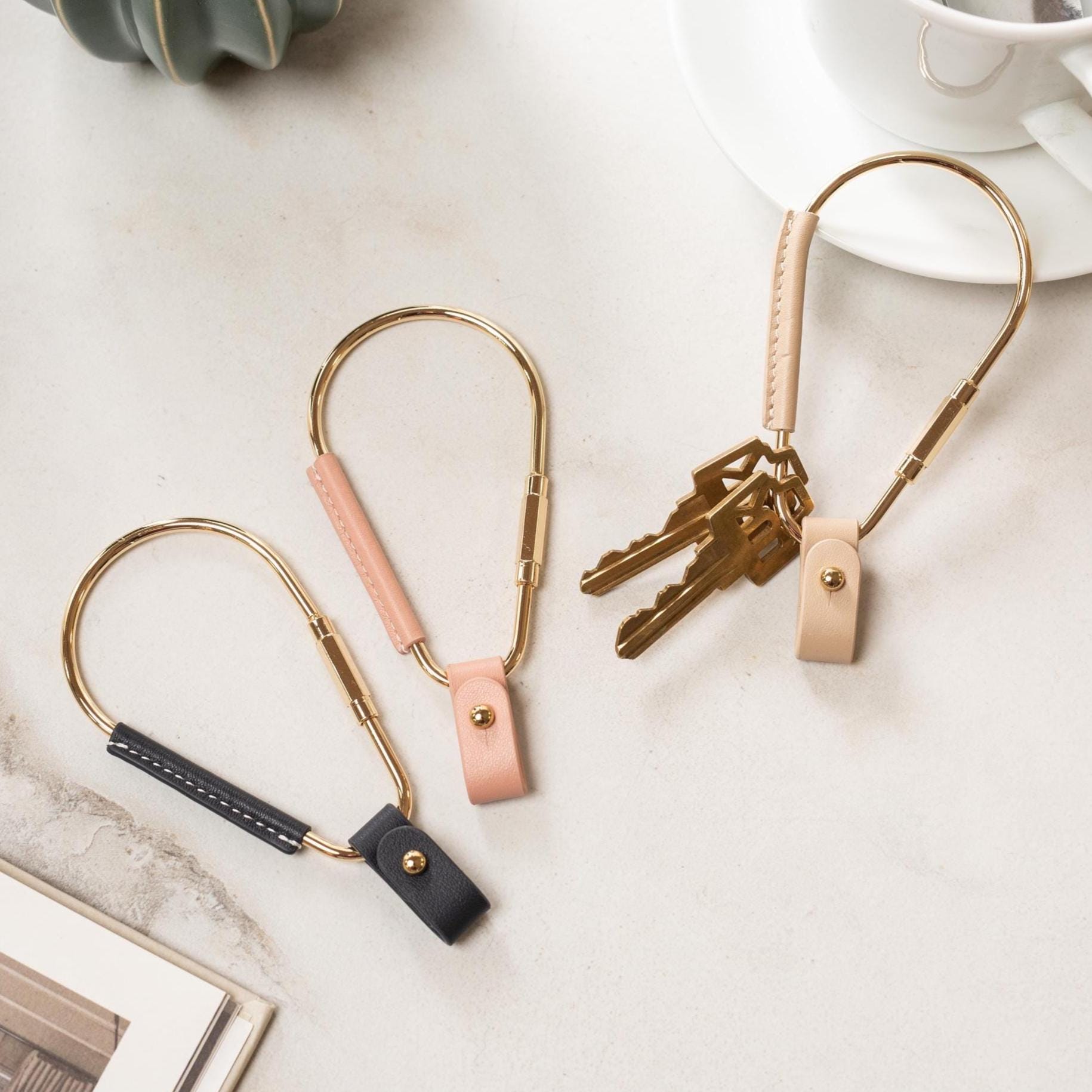 Gold Brass Leather Carabiner Keychain w/ Optional Tassel - Teardrop Pear, leather key ring, key fob for woman, unique minimalistic gift