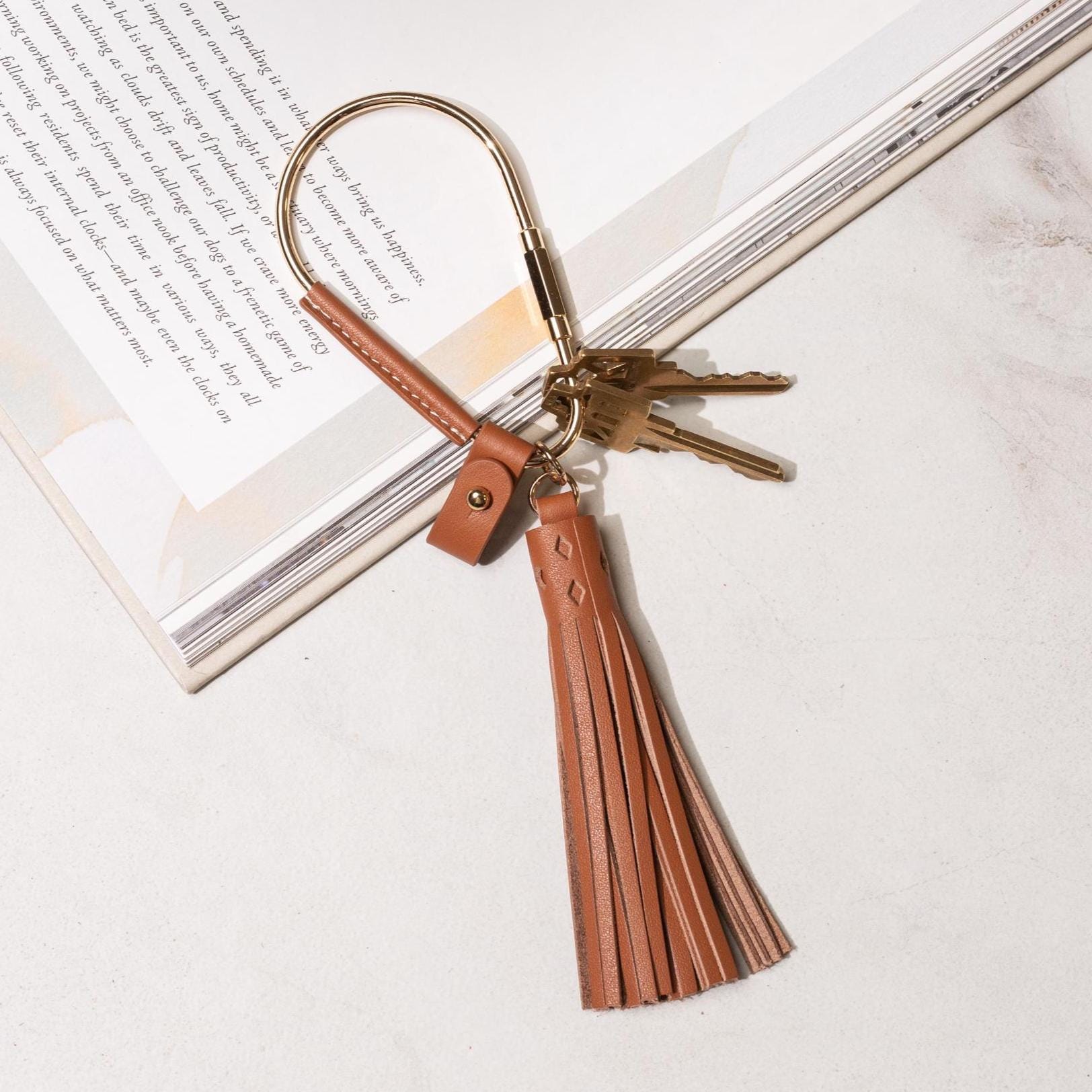 Gold Brass Leather Carabiner Keychain w/ Optional Tassel - Teardrop Pear, leather key ring, key fob for woman, unique minimalistic gift