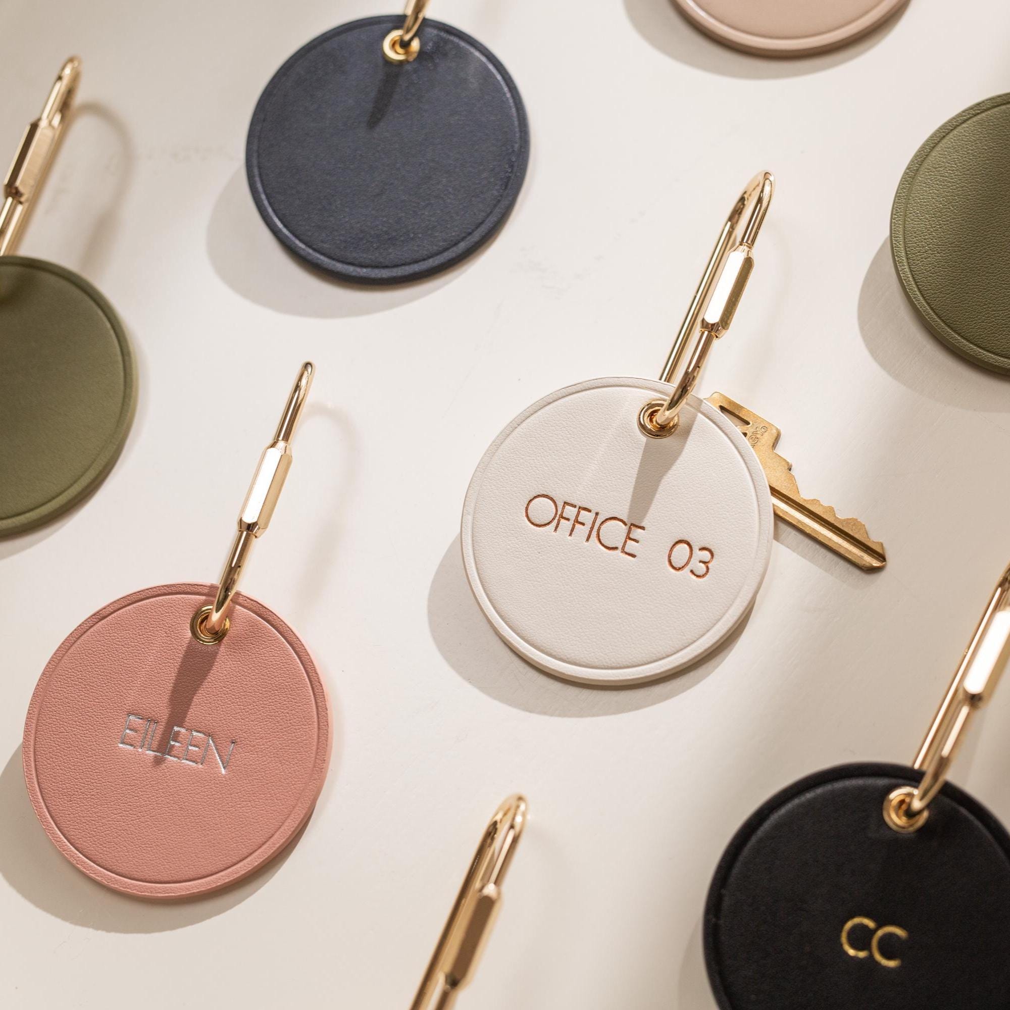 Embossed Round Circle Leather Keychain (Name) - genuine leather, modern key rings, custom cute personalized key chain gift, girlfriend