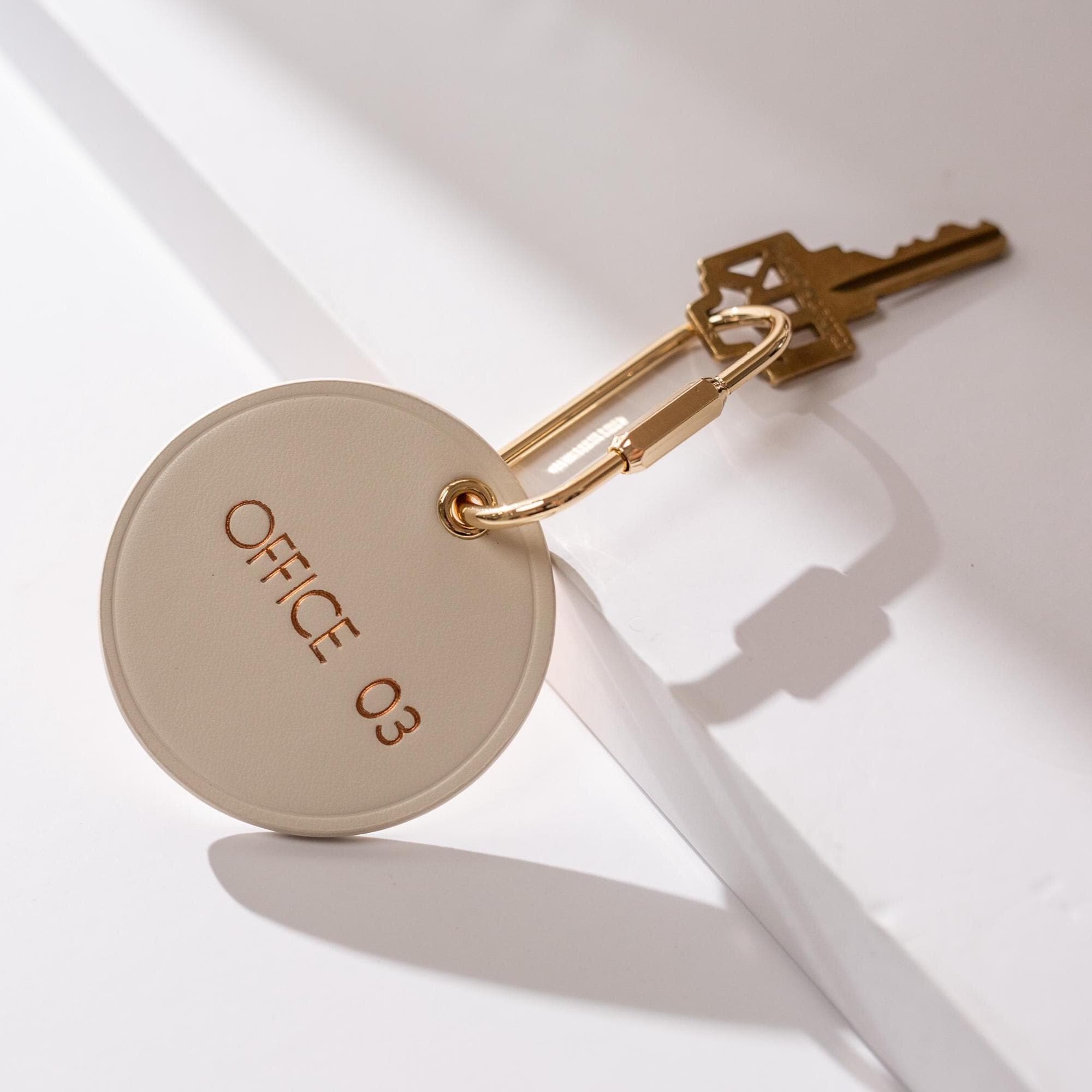 Embossed Round Circle Leather Keychain (Name) - genuine leather, modern key rings, custom cute personalized key chain gift, girlfriend