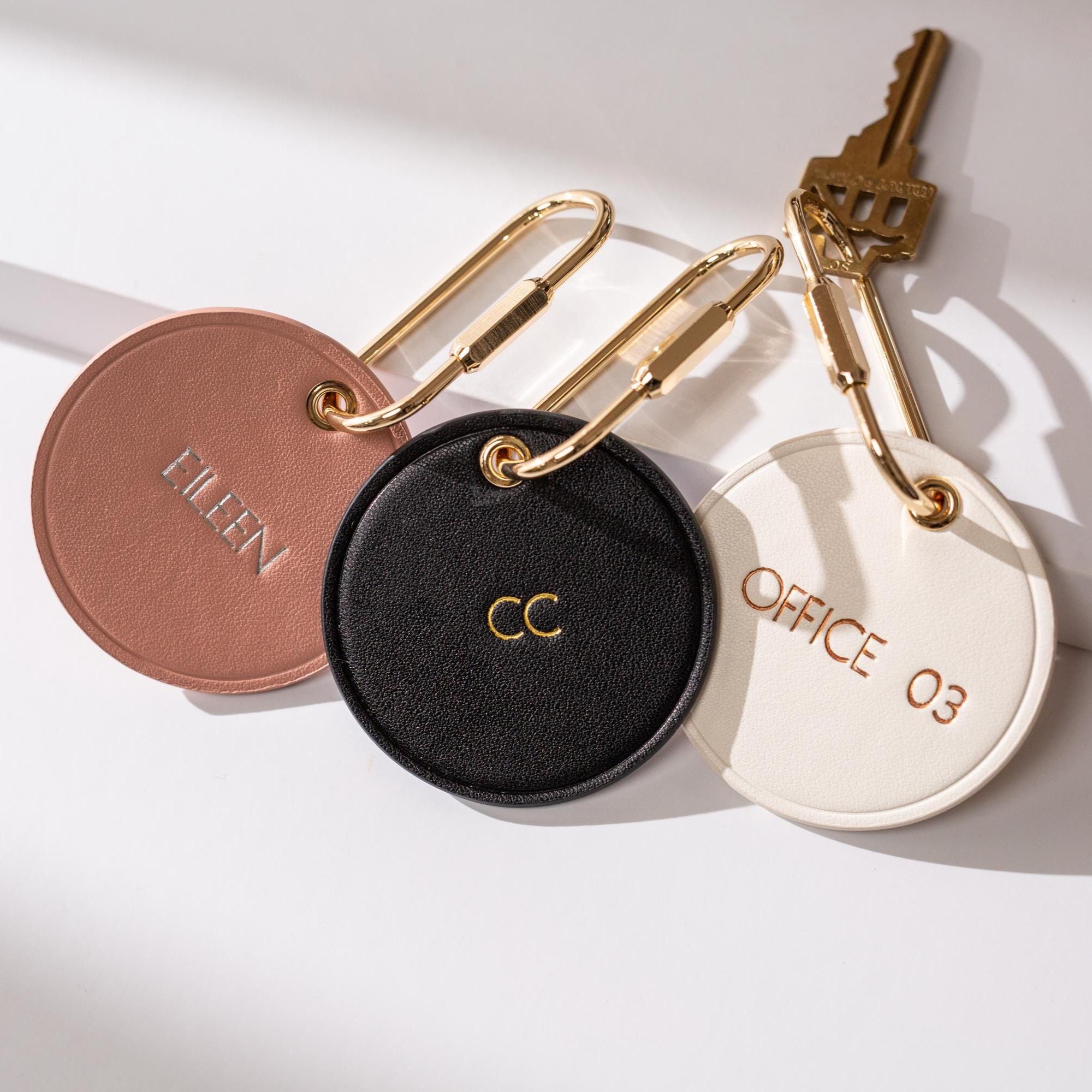 Embossed Round Circle Leather Keychain (Name) - genuine leather, modern key rings, custom cute personalized key chain gift, girlfriend