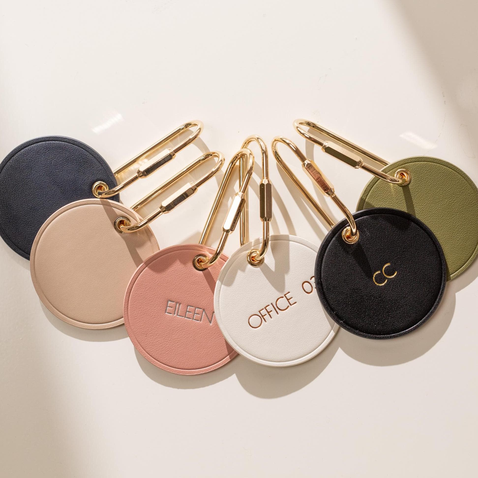 Embossed Round Circle Leather Keychain (Name) - genuine leather, modern key rings, custom cute personalized key chain gift, girlfriend