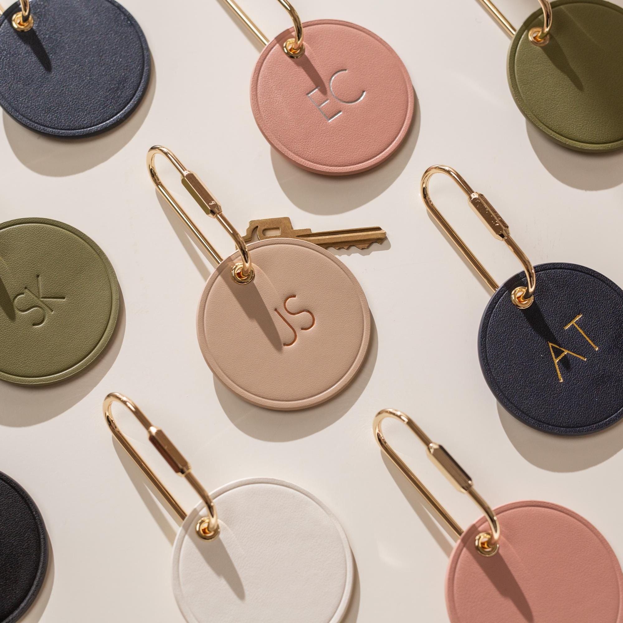 Embossed Round Circle Leather Keychain (Initials) - genuine leather, modern key rings, custom cute personalized monogrammed gift, girlfriend