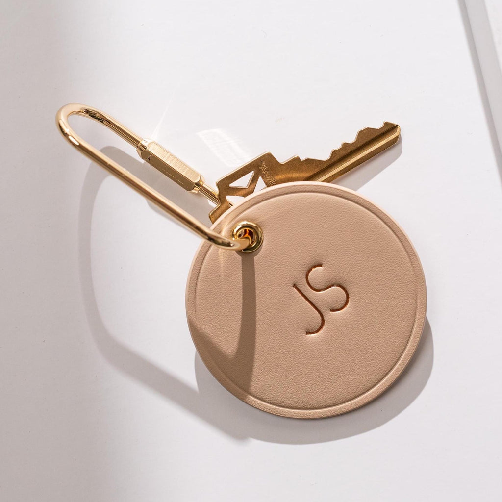 Embossed Round Circle Leather Keychain (Initials) - genuine leather, modern key rings, custom cute personalized monogrammed gift, girlfriend