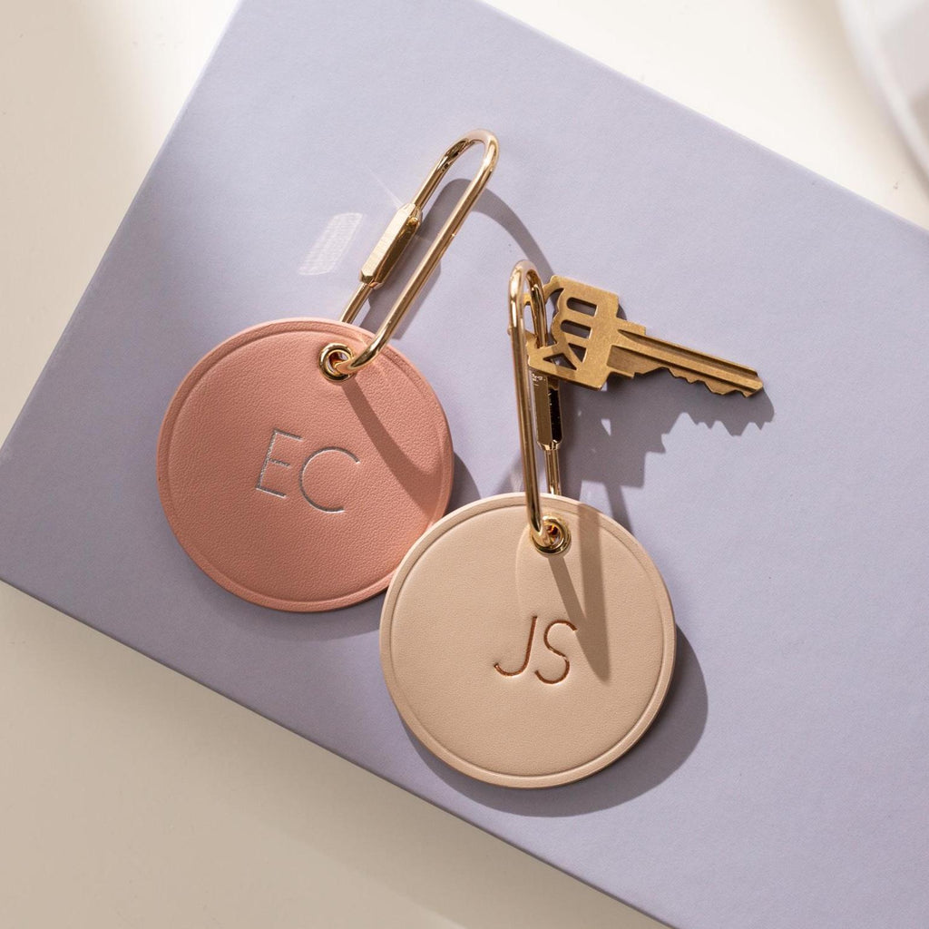 Embossed Round Circle Leather Keychain (Initials) - genuine leather, modern key rings, custom cute personalized monogrammed gift, girlfriend