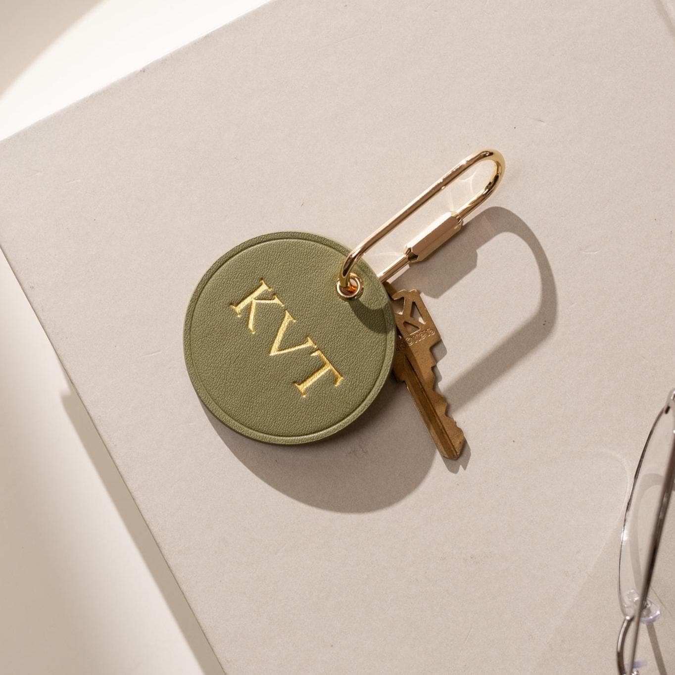 Embossed Round Circle Leather Keychain (Initials) - genuine leather, modern key rings, custom cute personalized key chain gift, girlfriend