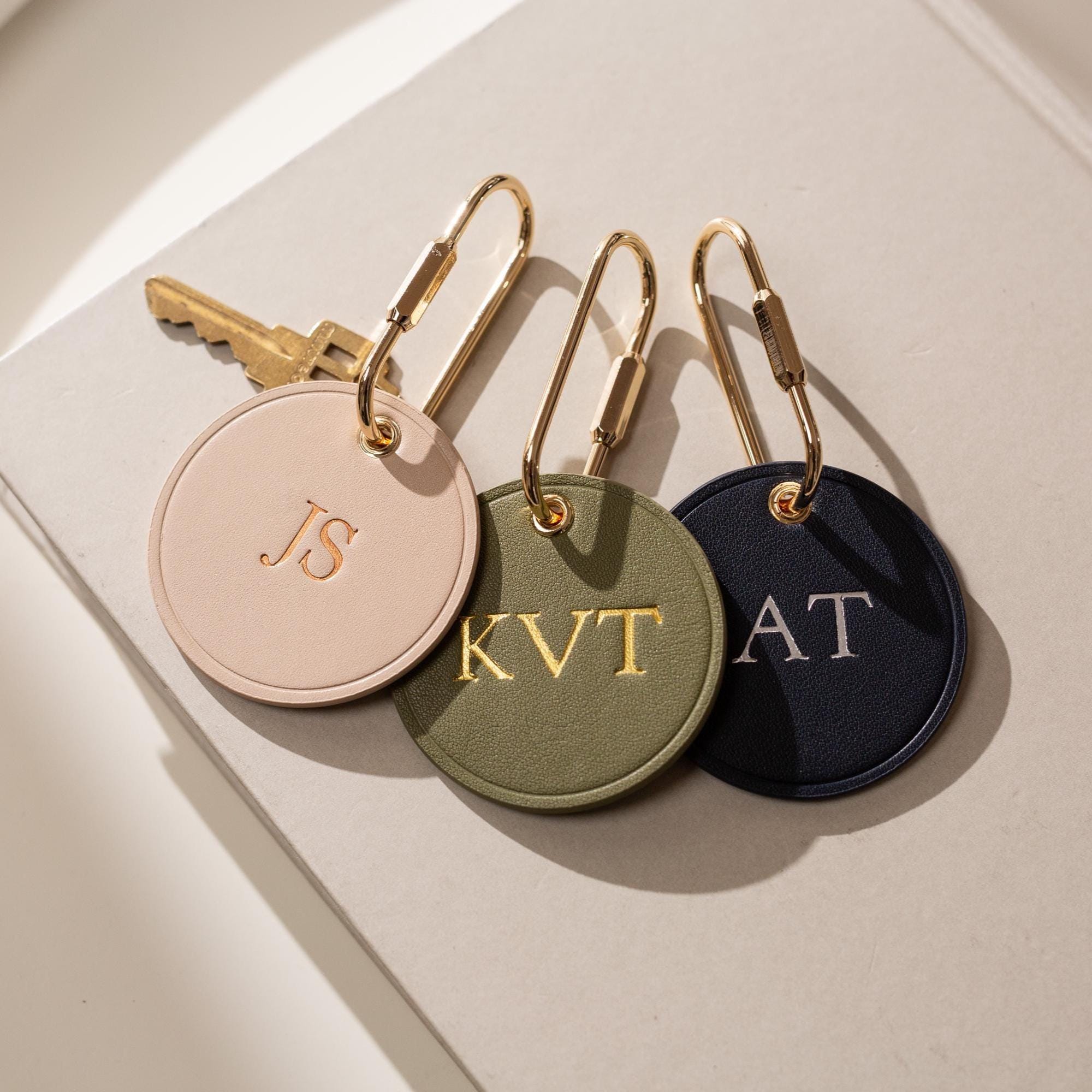 Embossed Round Circle Leather Keychain (Initials) - genuine leather, modern key rings, custom cute personalized key chain gift, girlfriend