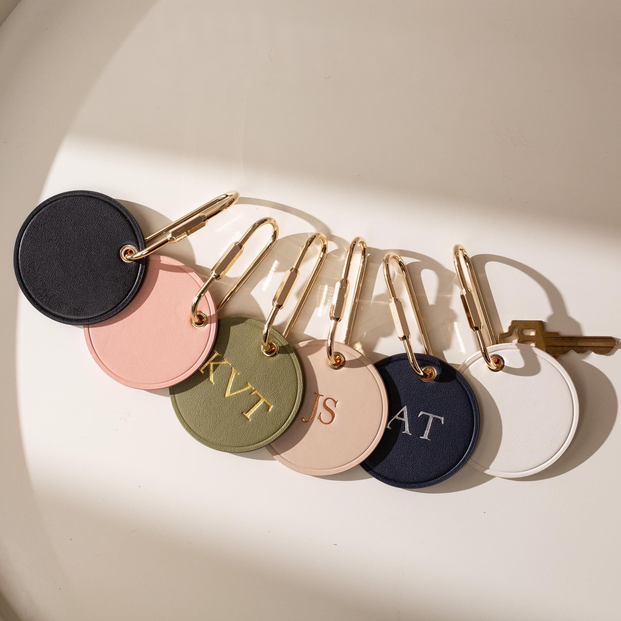 Embossed Round Circle Leather Keychain (Initials) - genuine leather, modern key rings, custom cute personalized key chain gift, girlfriend