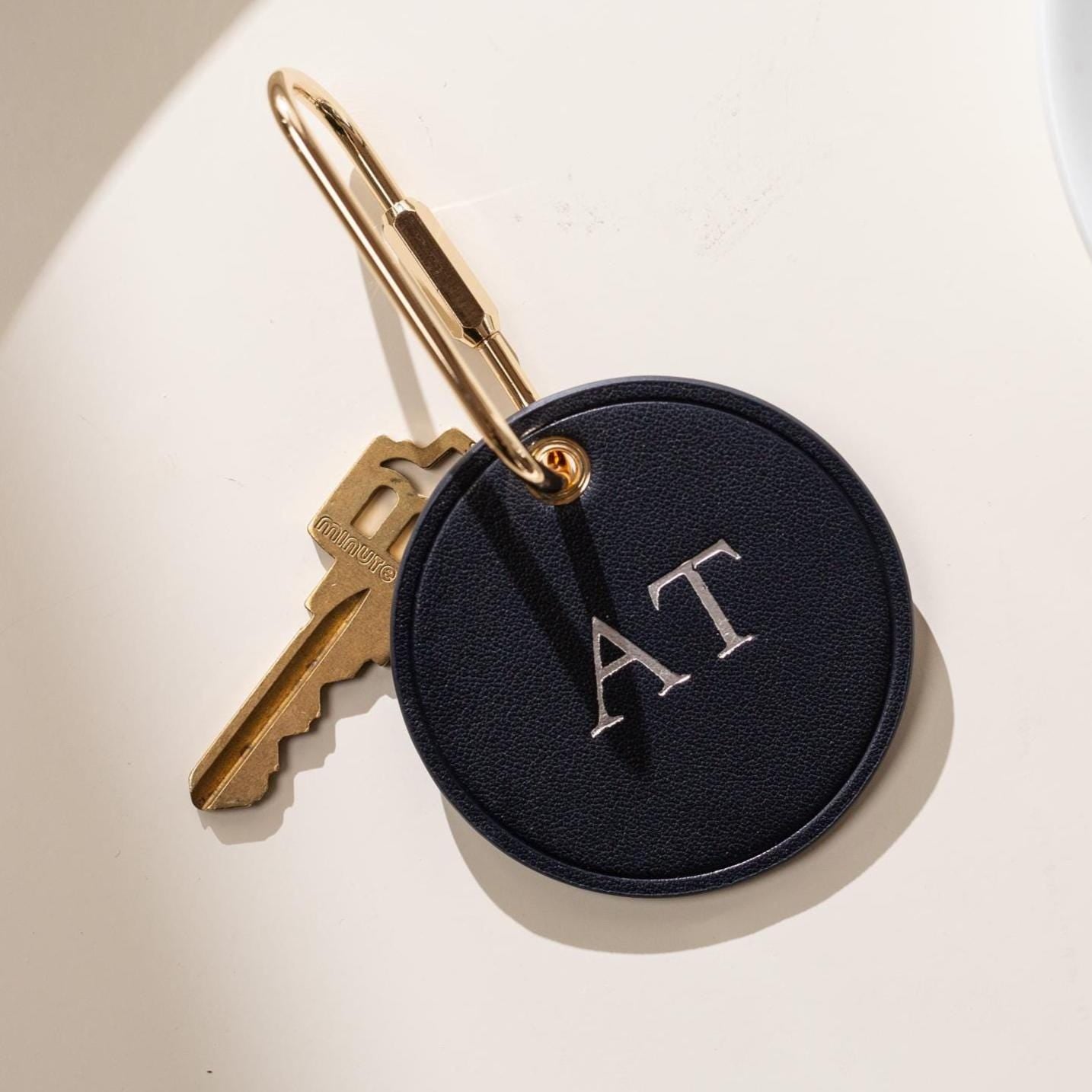 Embossed Round Circle Leather Keychain (Initials) - genuine leather, modern key rings, custom cute personalized key chain gift, girlfriend