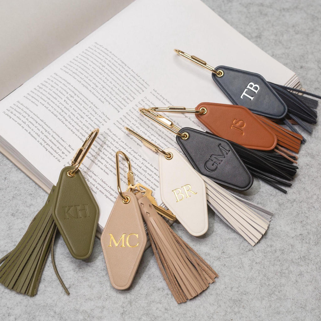 Embossed Keychain Embossed Initials diamond leather keychain w/ tassel - modern key ring ...