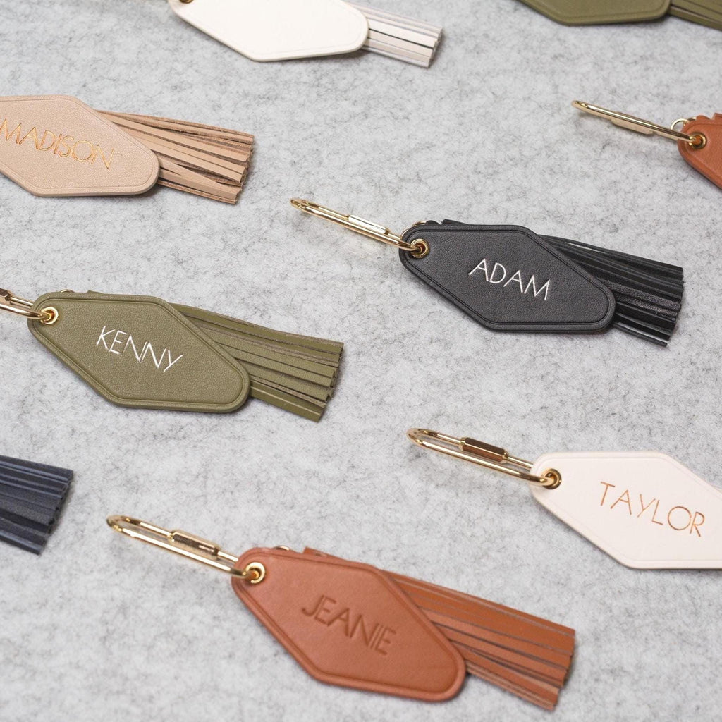 Embossed Name diamond leather keychain w/ tassel - modern luxury key chain fob, travel luggage bag tag, vintage style motel office keys ring