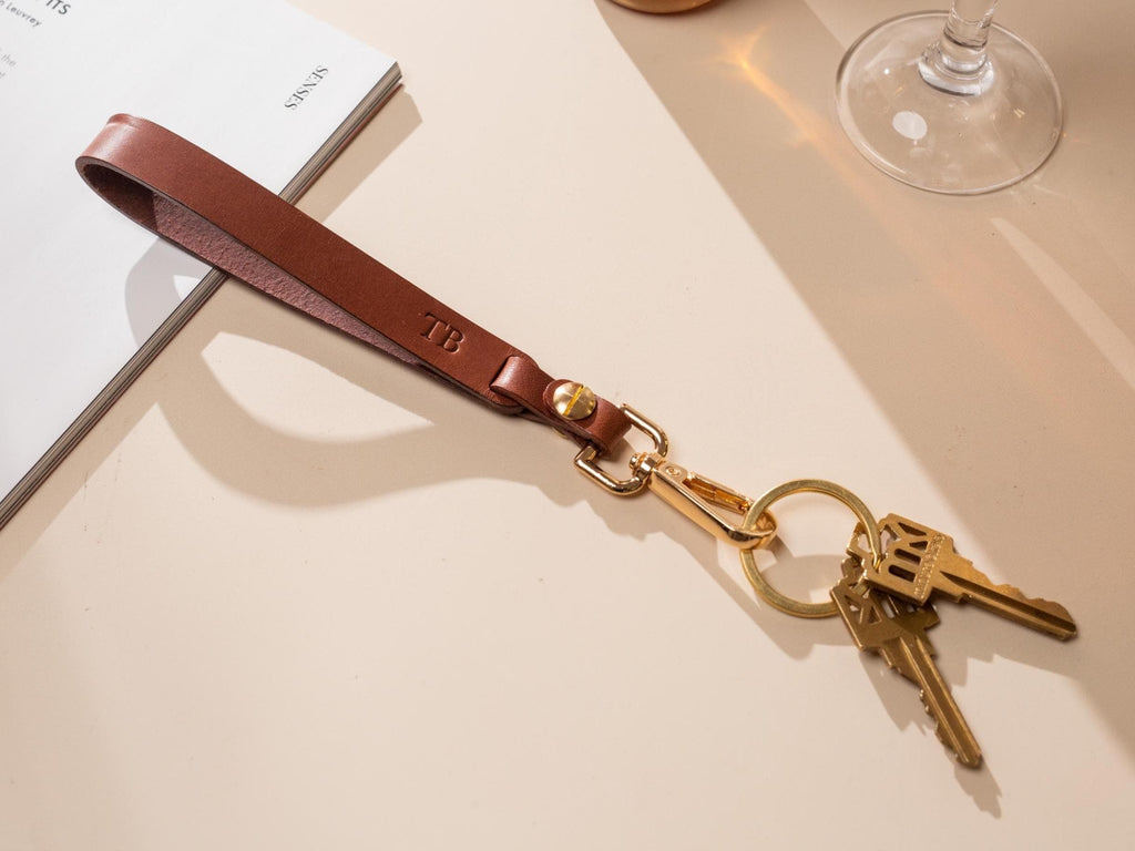 Embossed Name Leather Wristlet Keychain - Personalized Strap Unique Key FOB Simple Leather Customized Keychain, Hands free, Genuine Leather