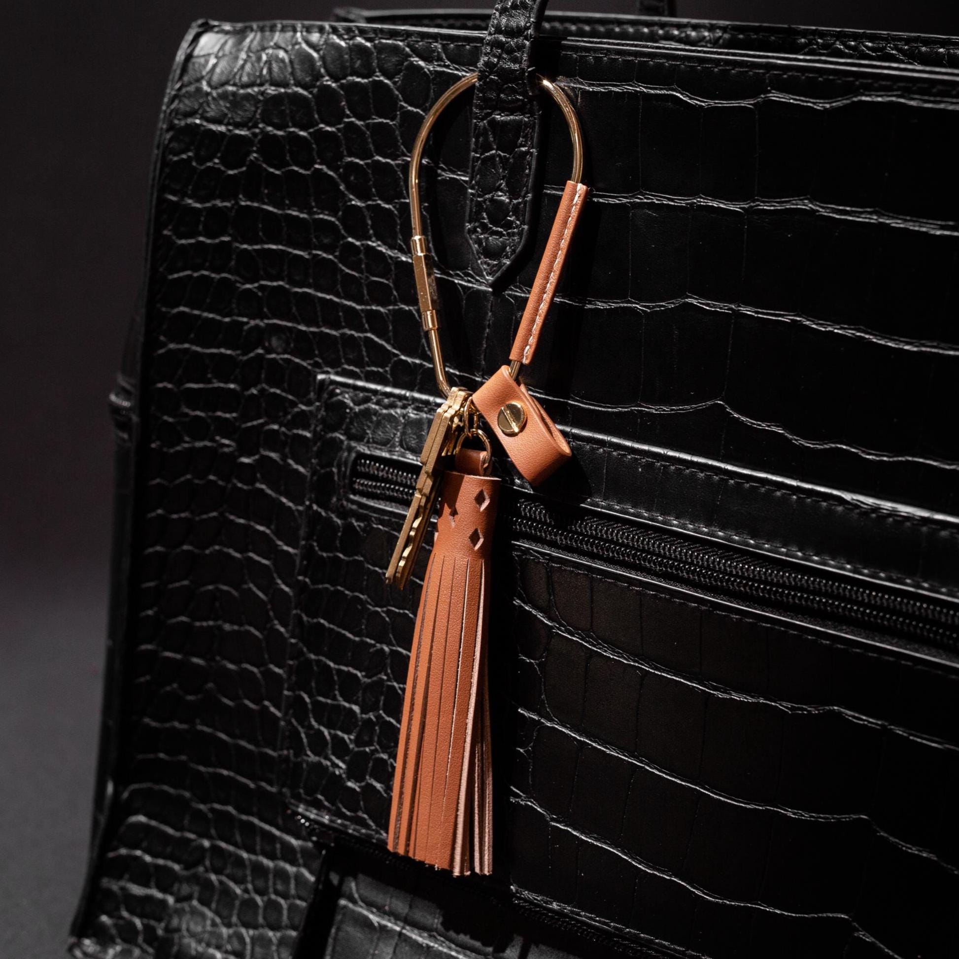 Gold Brass Leather Carabiner Keychain w/ Optional Tassel - Teardrop Pear, leather key ring, key fob for woman, unique minimalistic gift