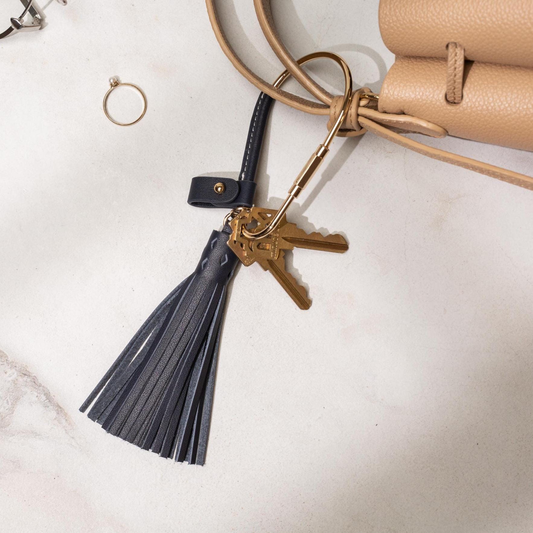 Gold Brass Leather Carabiner Keychain w/ Optional Tassel - Teardrop Pear, leather key ring, key fob for woman, unique minimalistic gift
