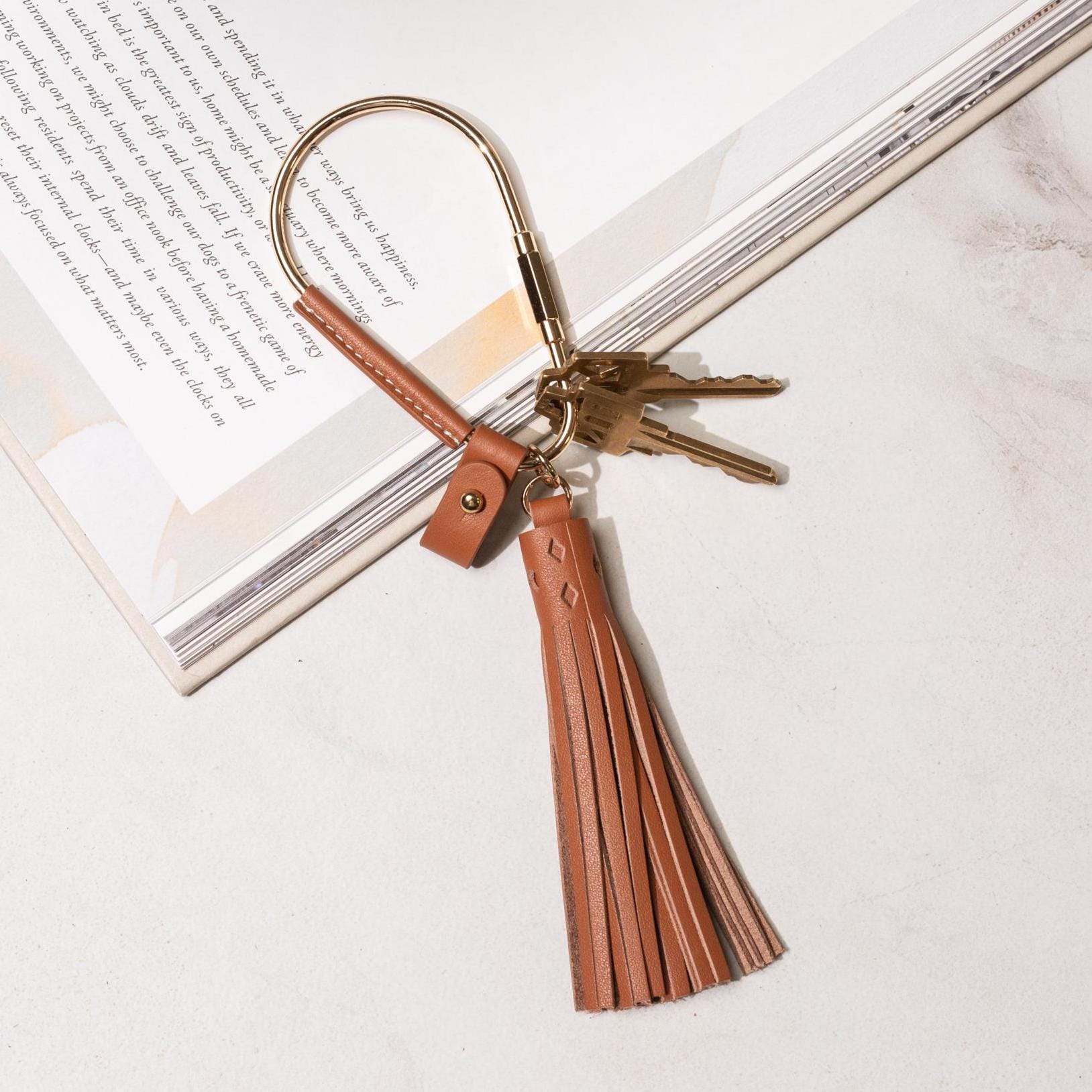Gold Brass Leather Carabiner Keychain w/ Optional Tassel - Teardrop Pear, leather key ring, key fob for woman, unique minimalistic gift