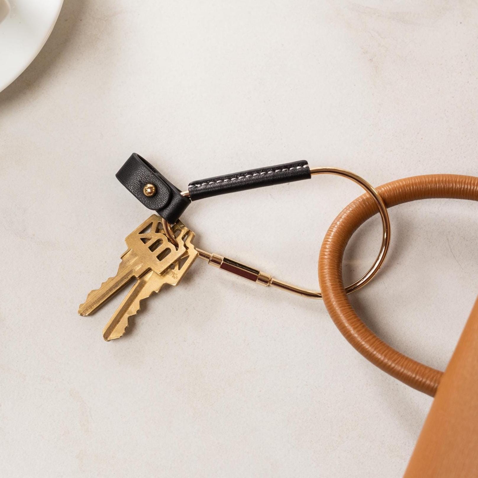 Gold Brass Leather Carabiner Keychain w/ Optional Tassel - Teardrop Pear Shaped, leather key ring, key fob for woman, unique gift, bag charm