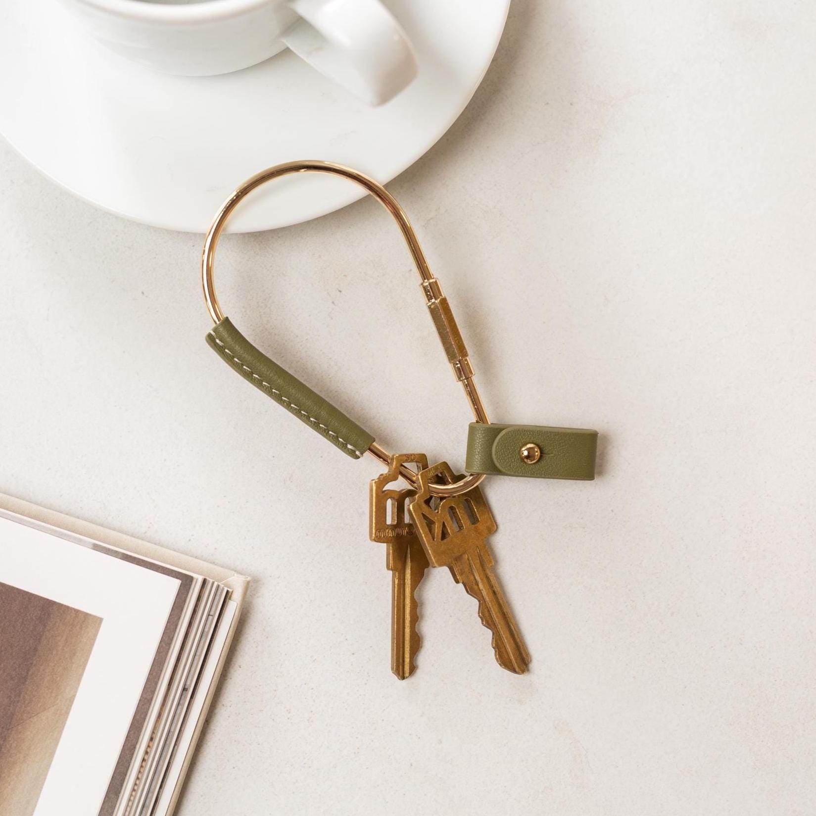 Gold Brass Leather Carabiner Keychain w/ Optional Tassel - Teardrop Pear Shaped, leather key ring, key fob for woman, unique gift, bag charm