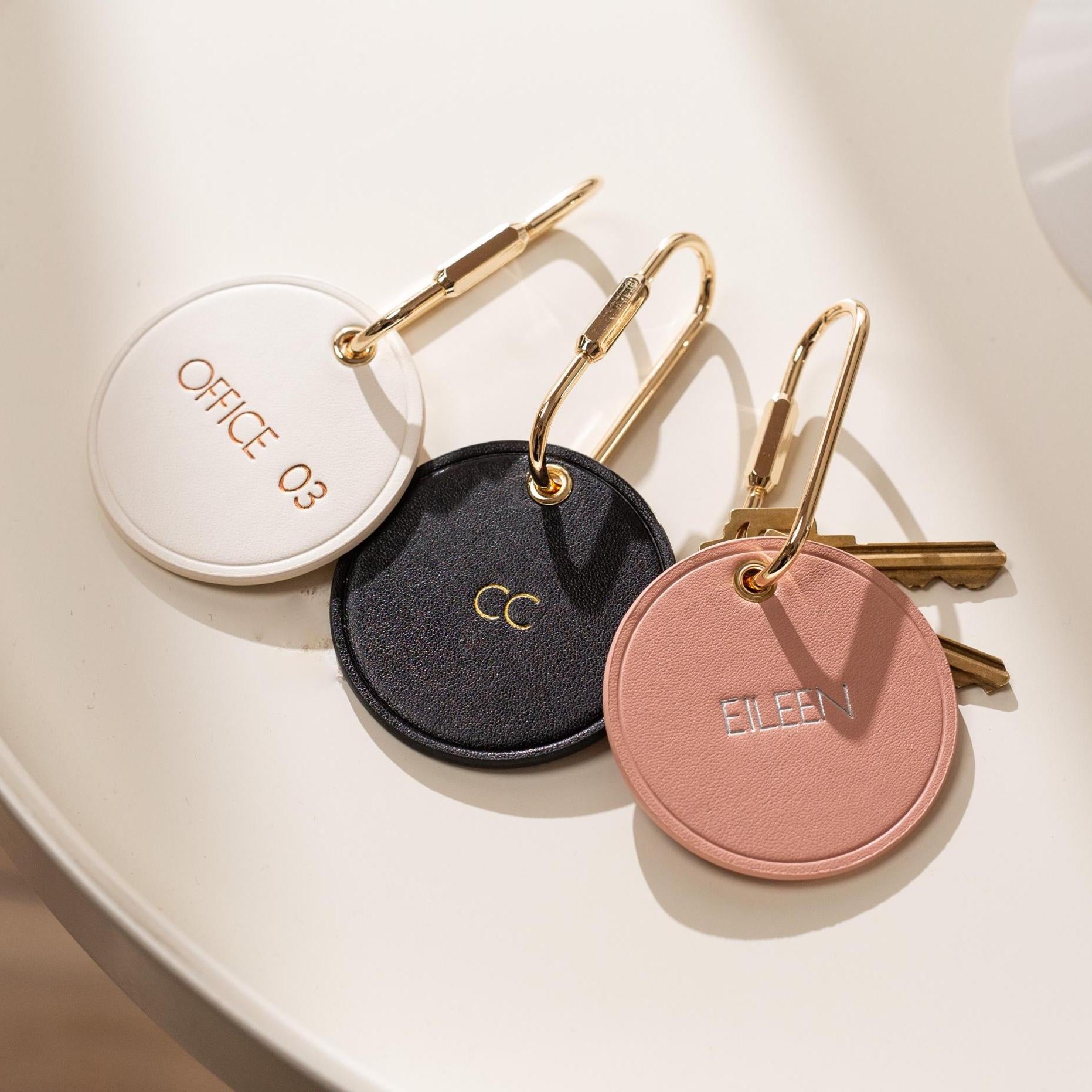 Embossed Round Circle Leather Keychain (Name) - genuine leather, modern key rings, custom cute personalized key chain gift, girlfriend