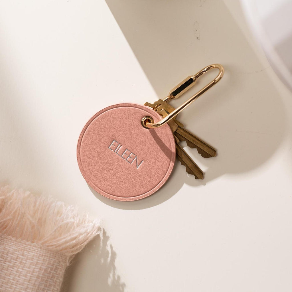 Embossed Round Circle Leather Keychain (Name) - genuine leather, modern key rings, custom cute personalized key chain gift, girlfriend