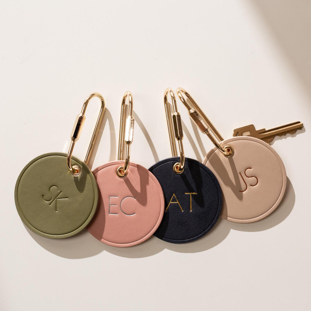 Embossed Round Circle Leather Keychain (Initials) - genuine leather, modern key rings, custom cute personalized monogrammed gift, girlfriend