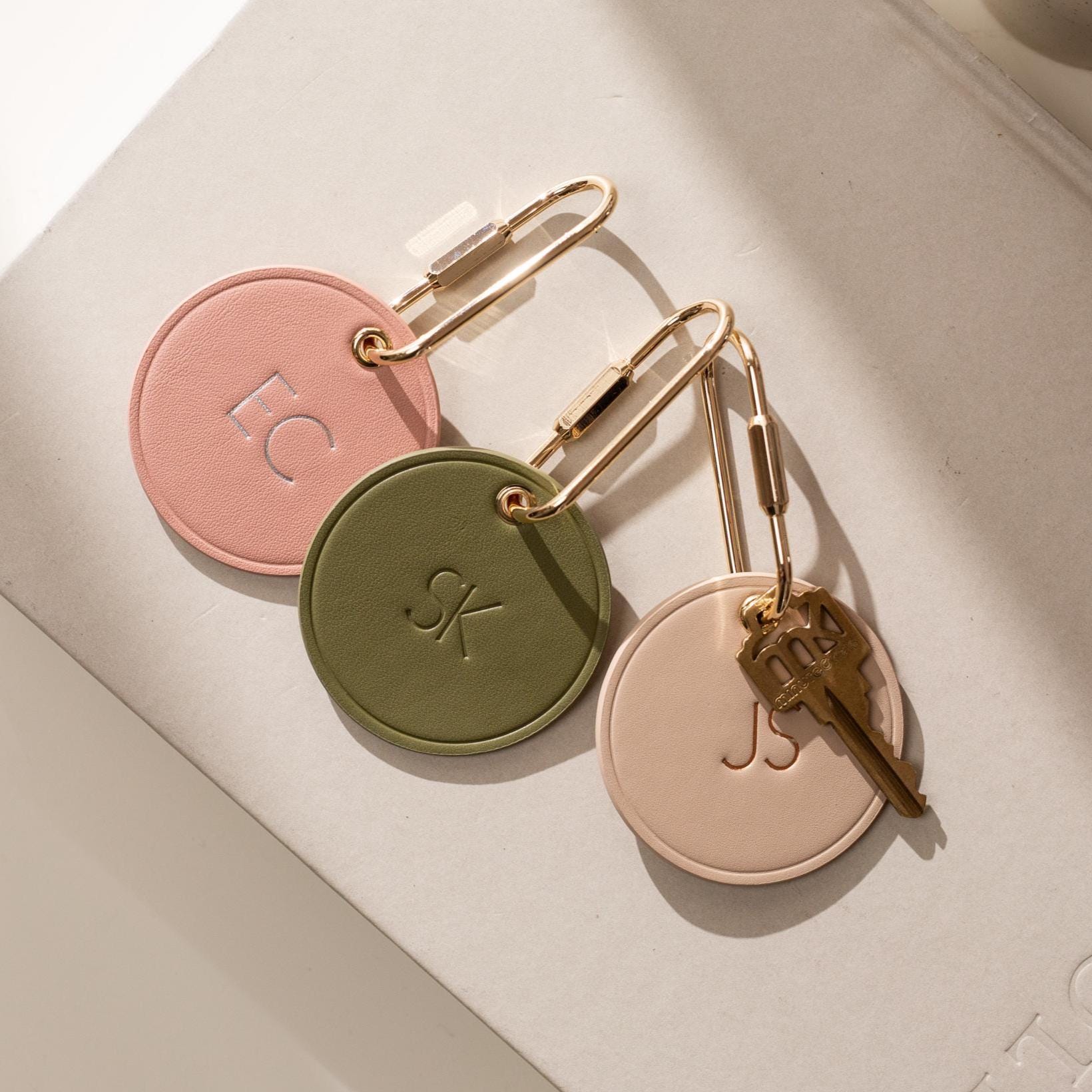 Embossed Round Circle Leather Keychain (Initials) - genuine leather, modern key rings, custom cute personalized monogrammed gift, girlfriend