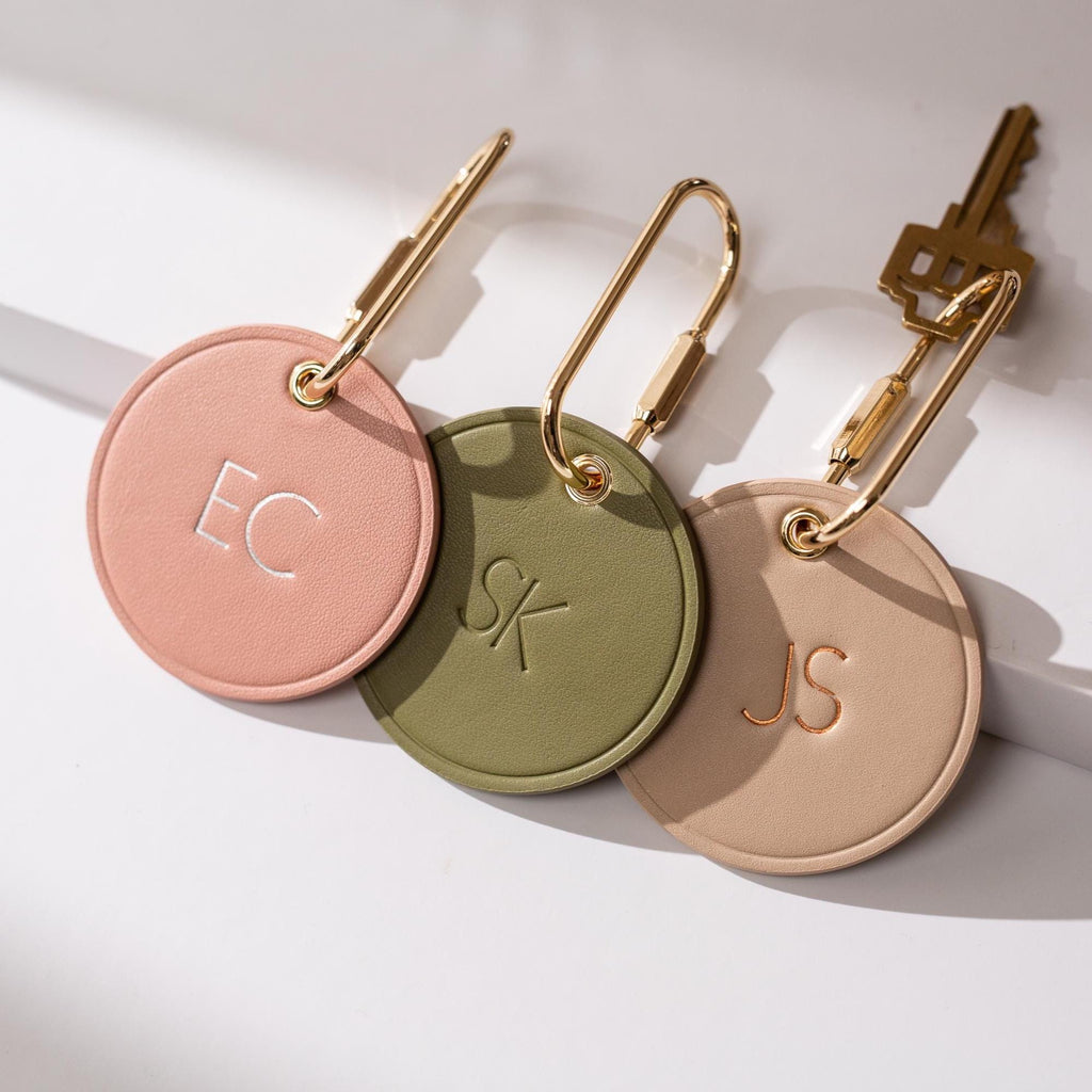 Embossed Round Circle Leather Keychain (Initials) - genuine leather, modern key rings, custom cute personalized monogrammed gift, girlfriend