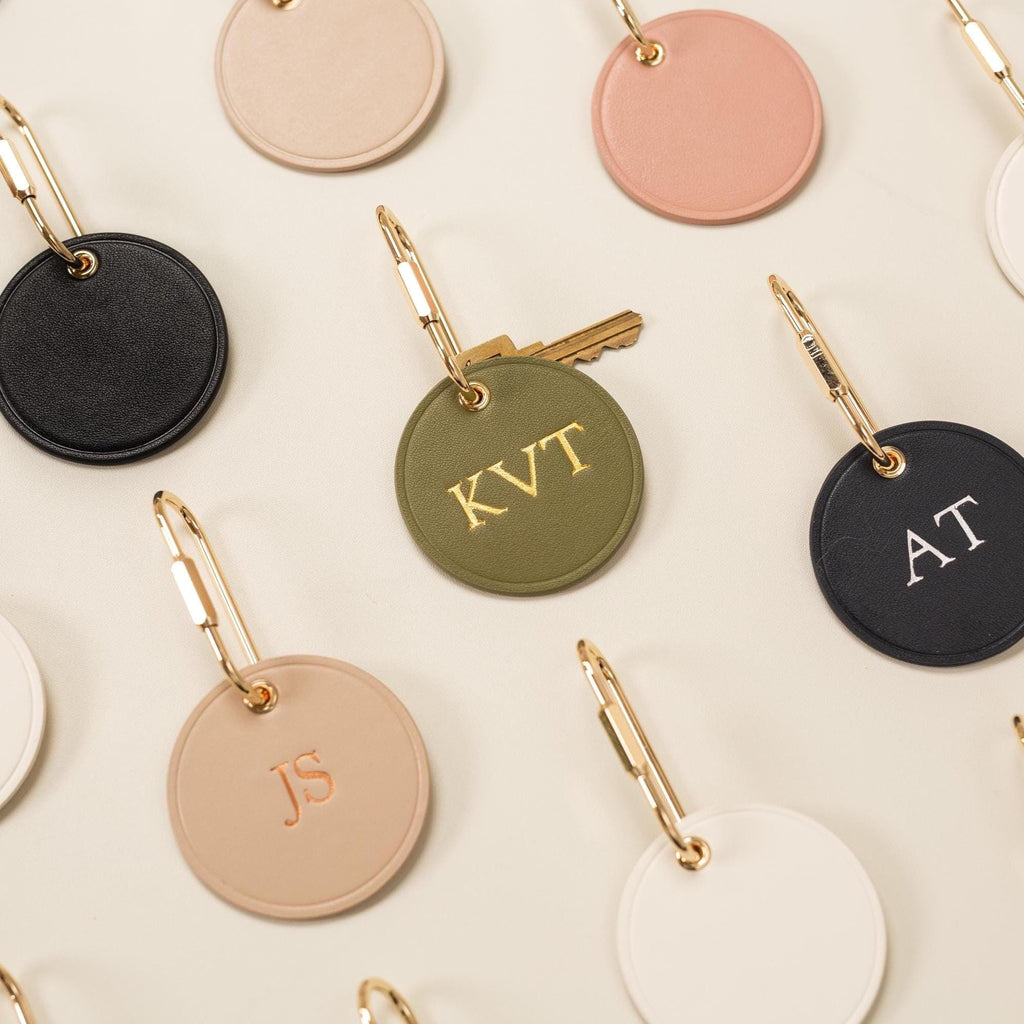 Embossed Round Circle Leather Keychain (Initials) - genuine leather, modern key rings, custom cute personalized key chain gift, girlfriend
