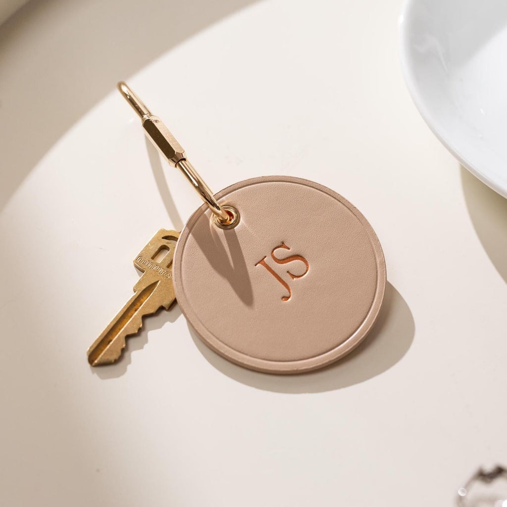 Embossed Round Circle Leather Keychain (Initials) - genuine leather, modern key rings, custom cute personalized key chain gift, girlfriend