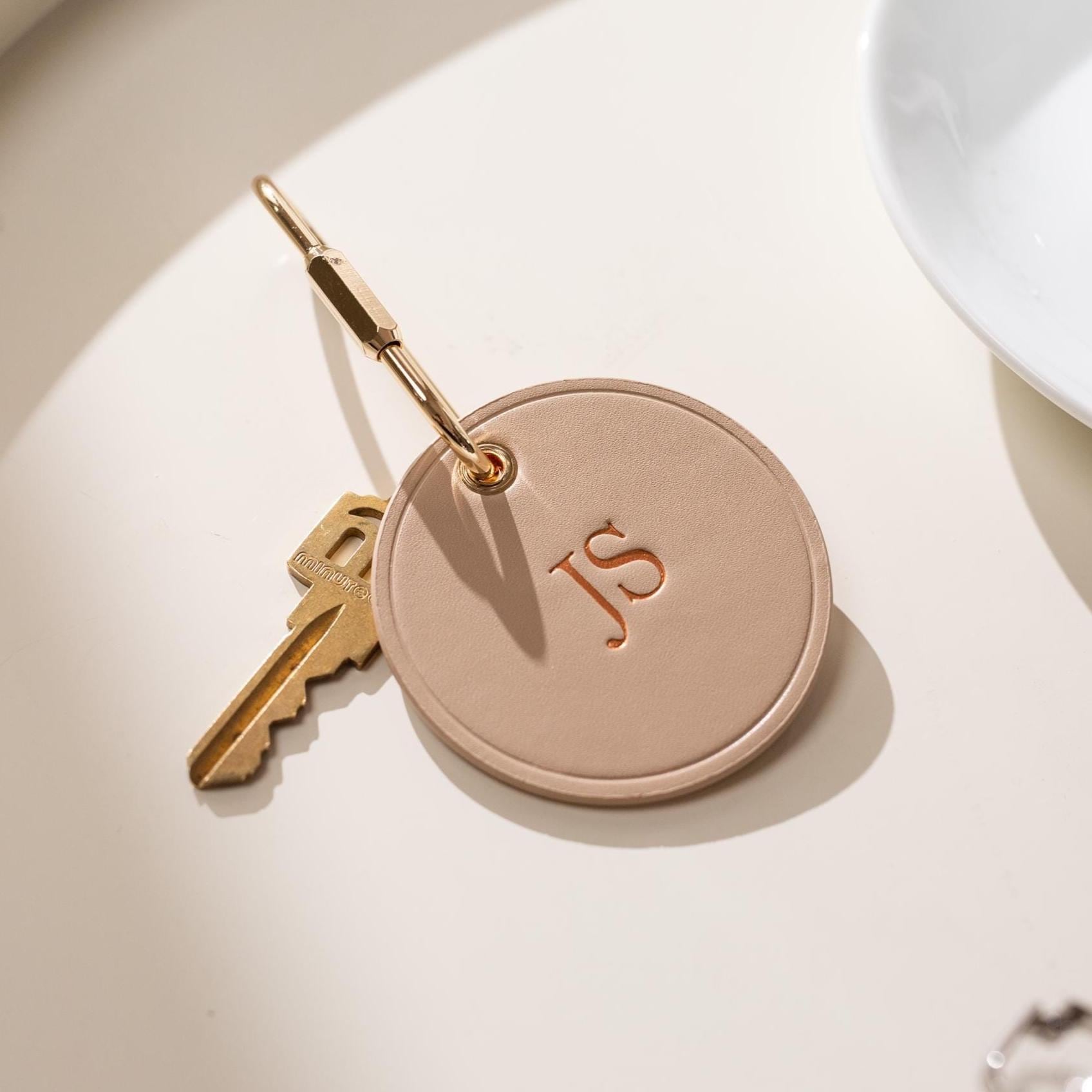 Embossed Round Circle Leather Keychain (Initials) - genuine leather, modern key rings, custom cute personalized key chain gift, girlfriend