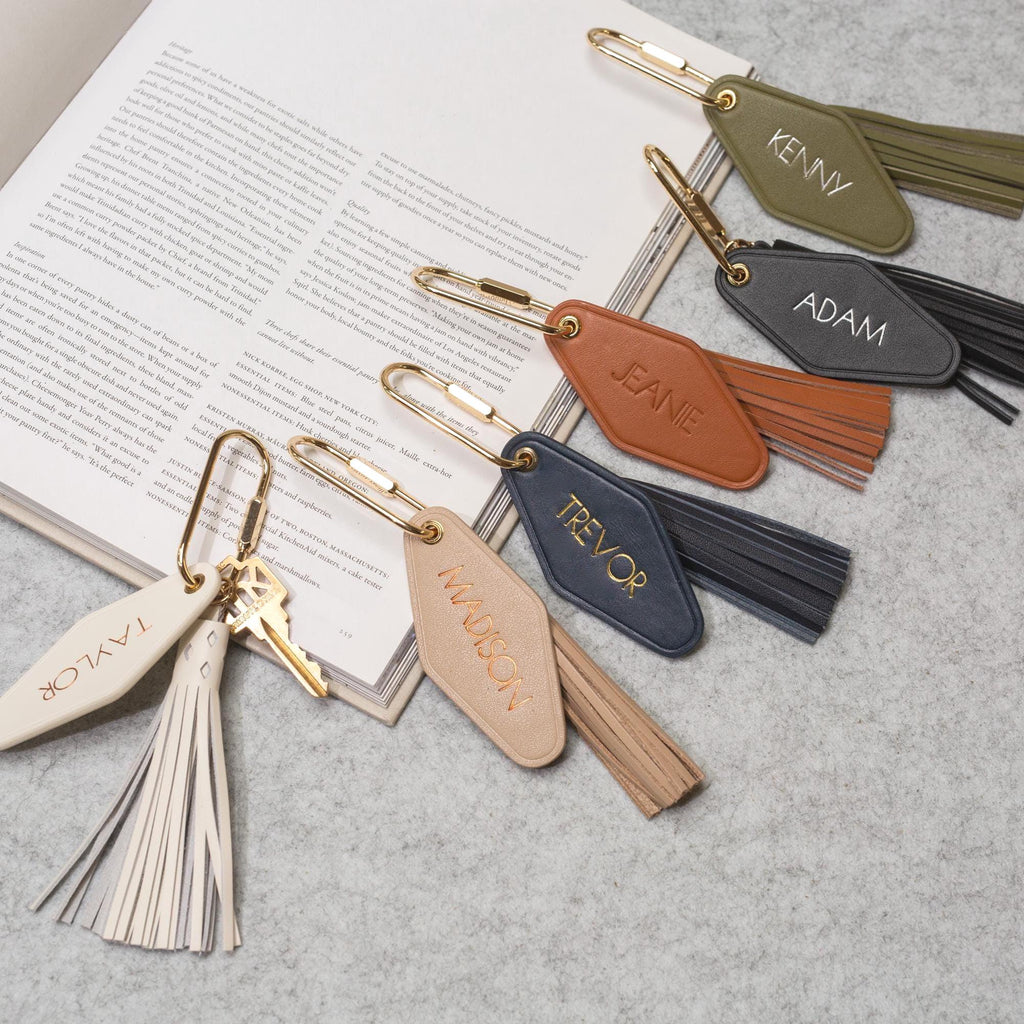Embossed Name diamond leather keychain w/ tassel - modern luxury key chain fob, travel luggage bag tag, vintage style motel office keys ring