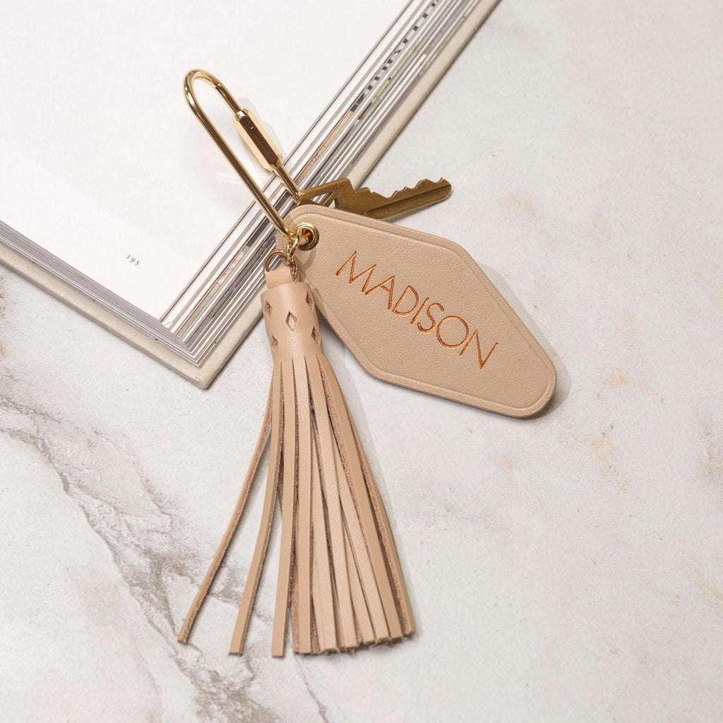 Embossed Name diamond leather keychain w/ tassel - modern luxury key chain fob, travel luggage bag tag, vintage style motel office keys ring