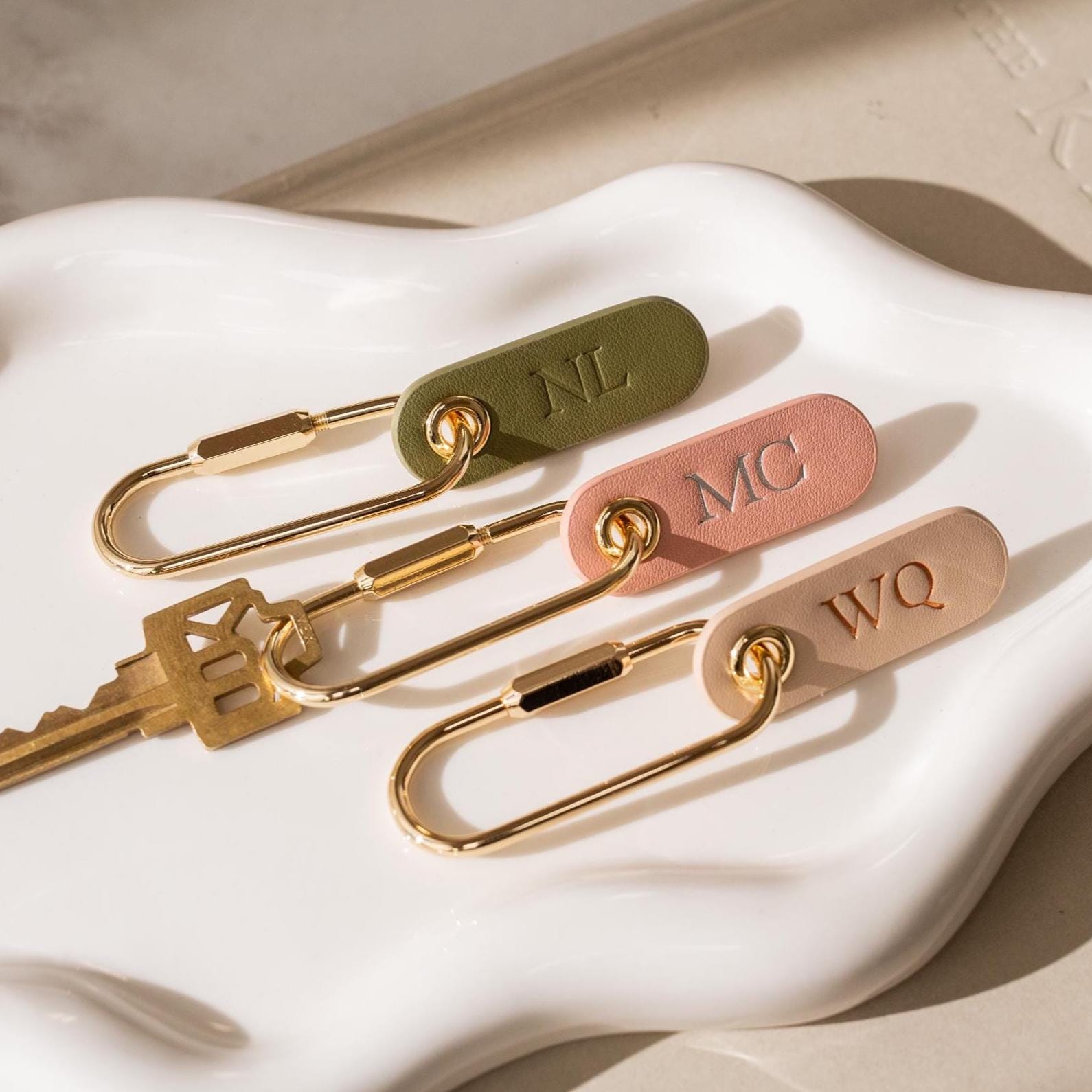 Embossed Leather Tag Keychain - modern key rings, custom monogrammed zipper pull, mini personalized key chain gift, minimal key fob, simple