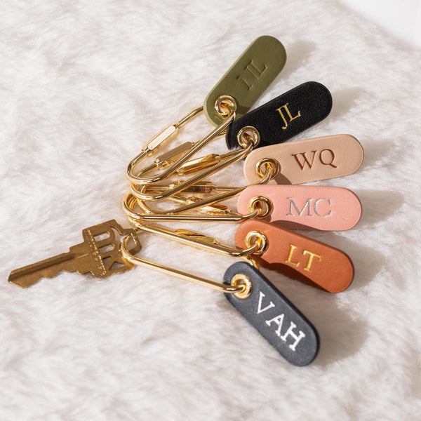 Embossed Leather Tag Keychain - modern key rings, custom monogrammed zipper pull, mini personalized key chain gift, minimal key fob, simple