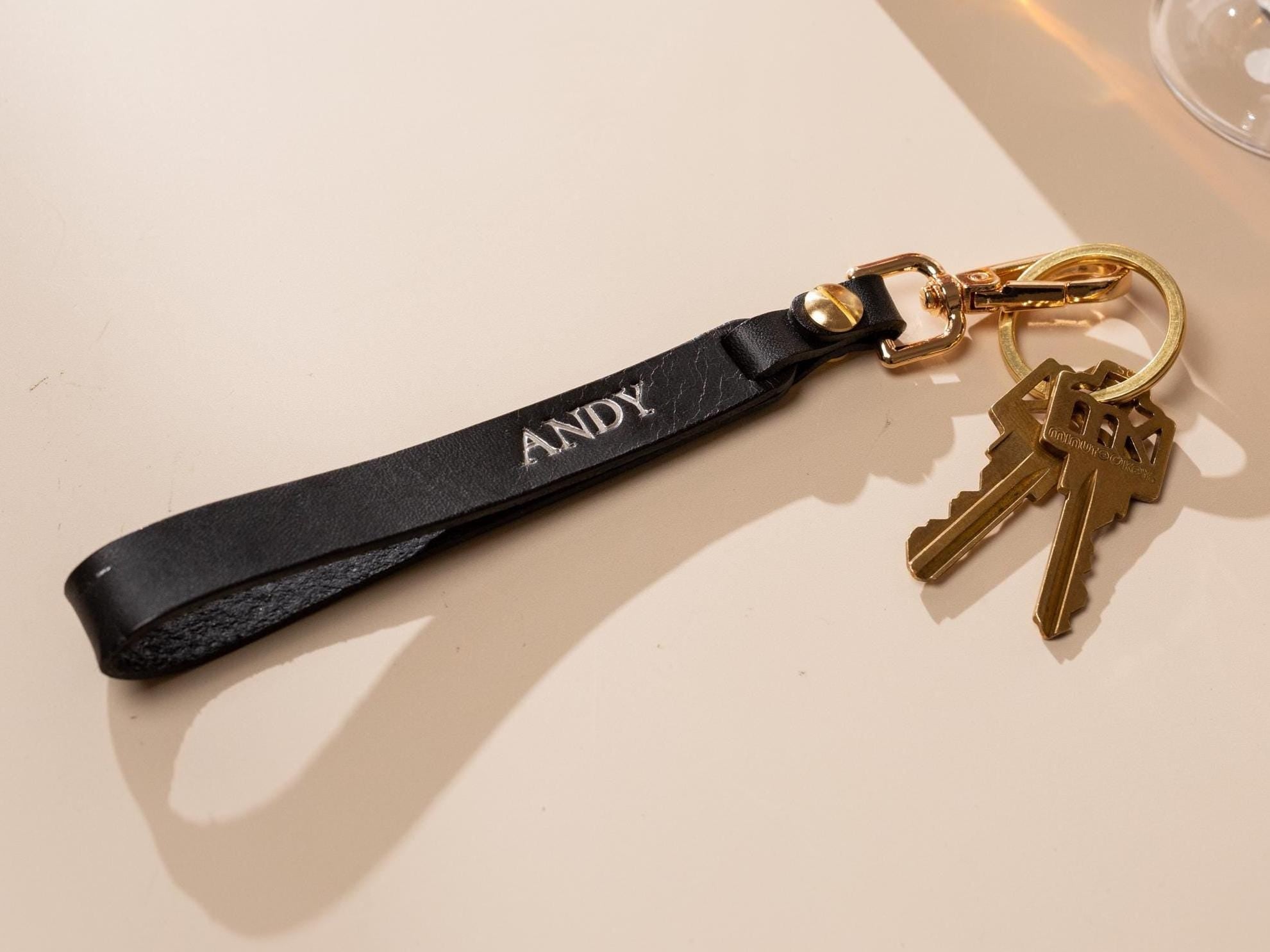 Embossed Name Leather Wristlet Keychain - Personalized Strap Unique Key FOB Simple Leather Customized Keychain, Hands free, Genuine Leather