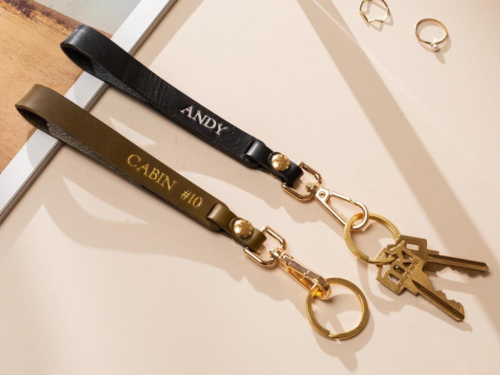 Embossed Name Leather Wristlet Keychain - Personalized Strap Unique Key FOB Simple Leather Customized Keychain, Hands free, Genuine Leather