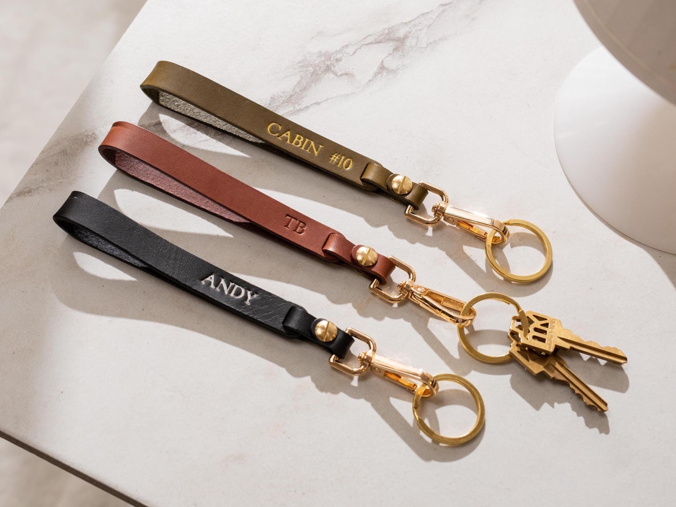 Embossed Name Leather Wristlet Keychain - Personalized Strap Unique Key FOB Simple Leather Customized Keychain, Hands free, Genuine Leather