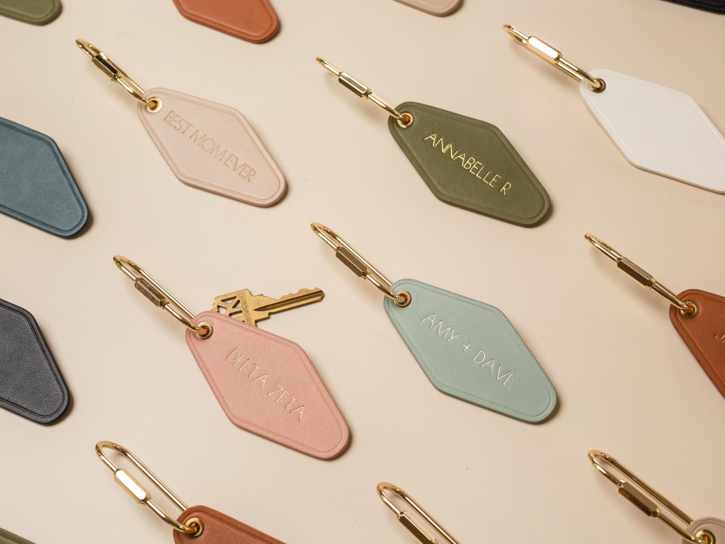 Embossed Diamond Leather Keychain XS Names - modern key chain fob, travel luggage bag tag, vintage style hotel motel office keys ring