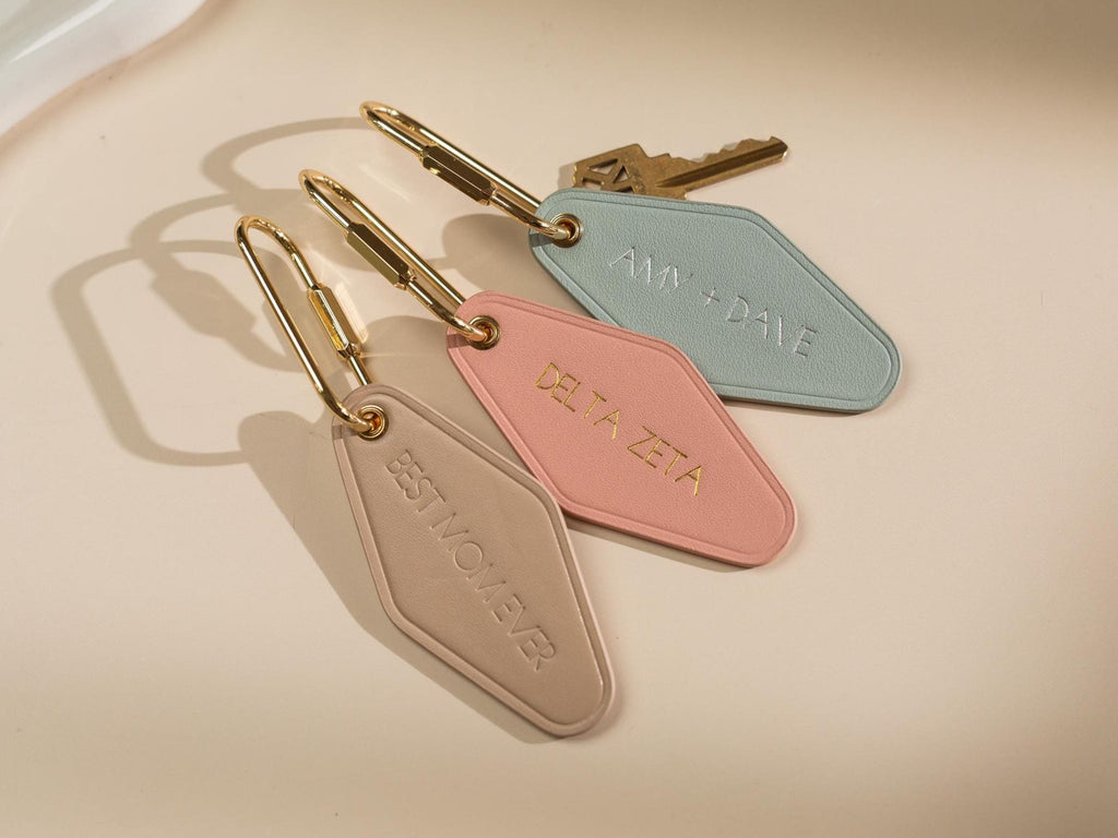 Embossed Diamond Leather Keychain XS Names - modern key chain fob, travel luggage bag tag, vintage style hotel motel office keys ring