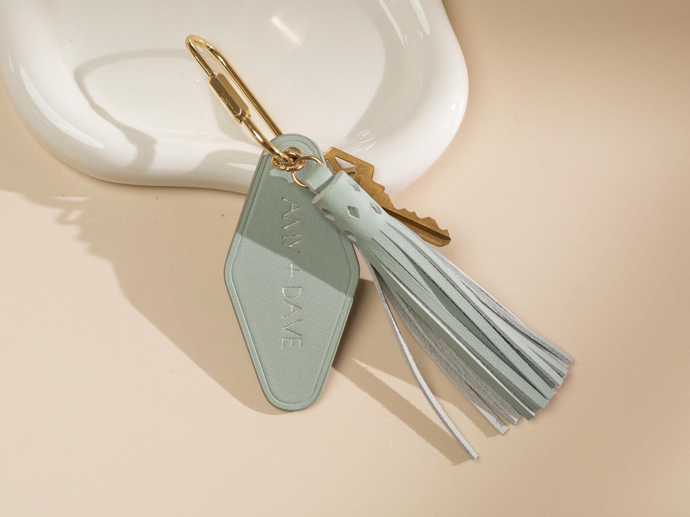 Embossed XS Name Diamond Leather Keychain w/ Tassel - modern key chain fob, longer names text, vintage style hotel motel office keys ring