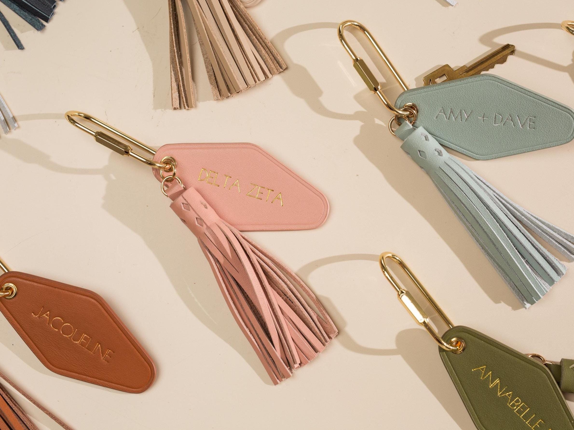 Embossed XS Name Diamond Leather Keychain w/ Tassel - modern key chain fob, longer names text, vintage style hotel motel office keys ring